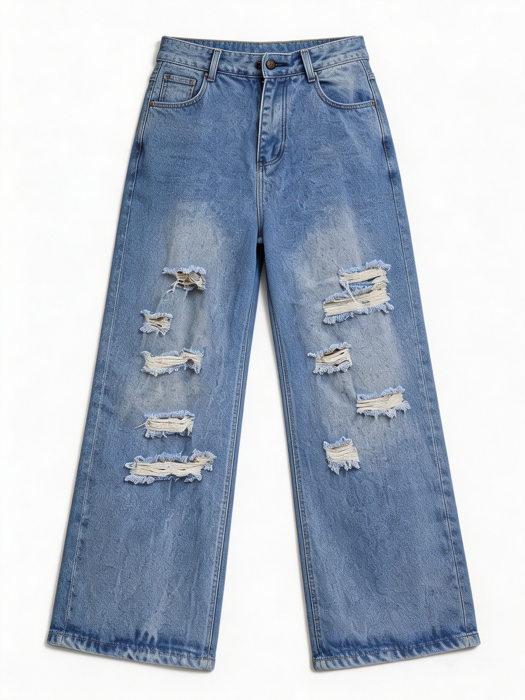 Women's Mid Wash Ripped Wide Leg Baggy Denim Pants ZY6057