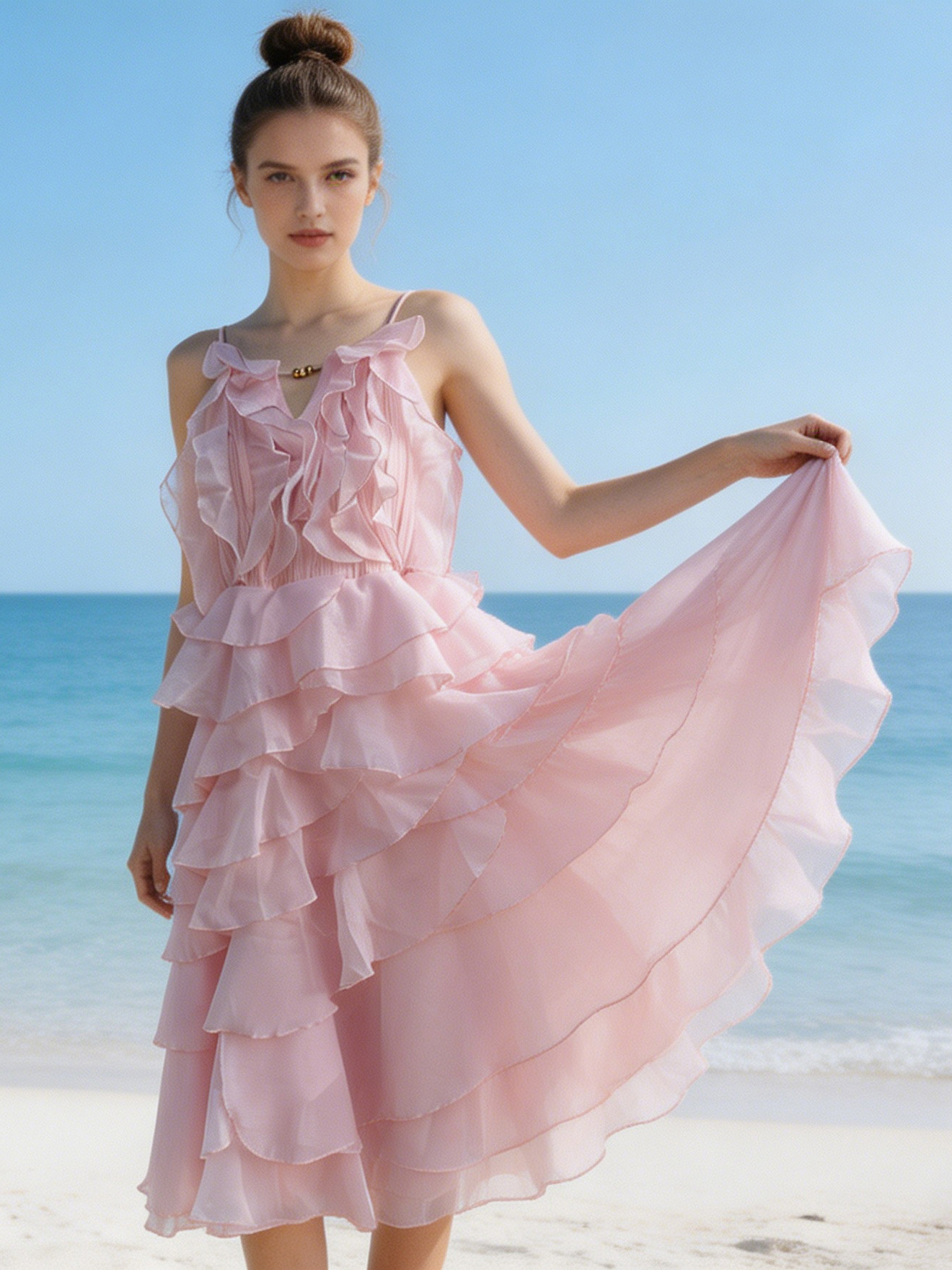 Pink Ruffle Tiered Midi Dress - Romantic Party Dress 5377