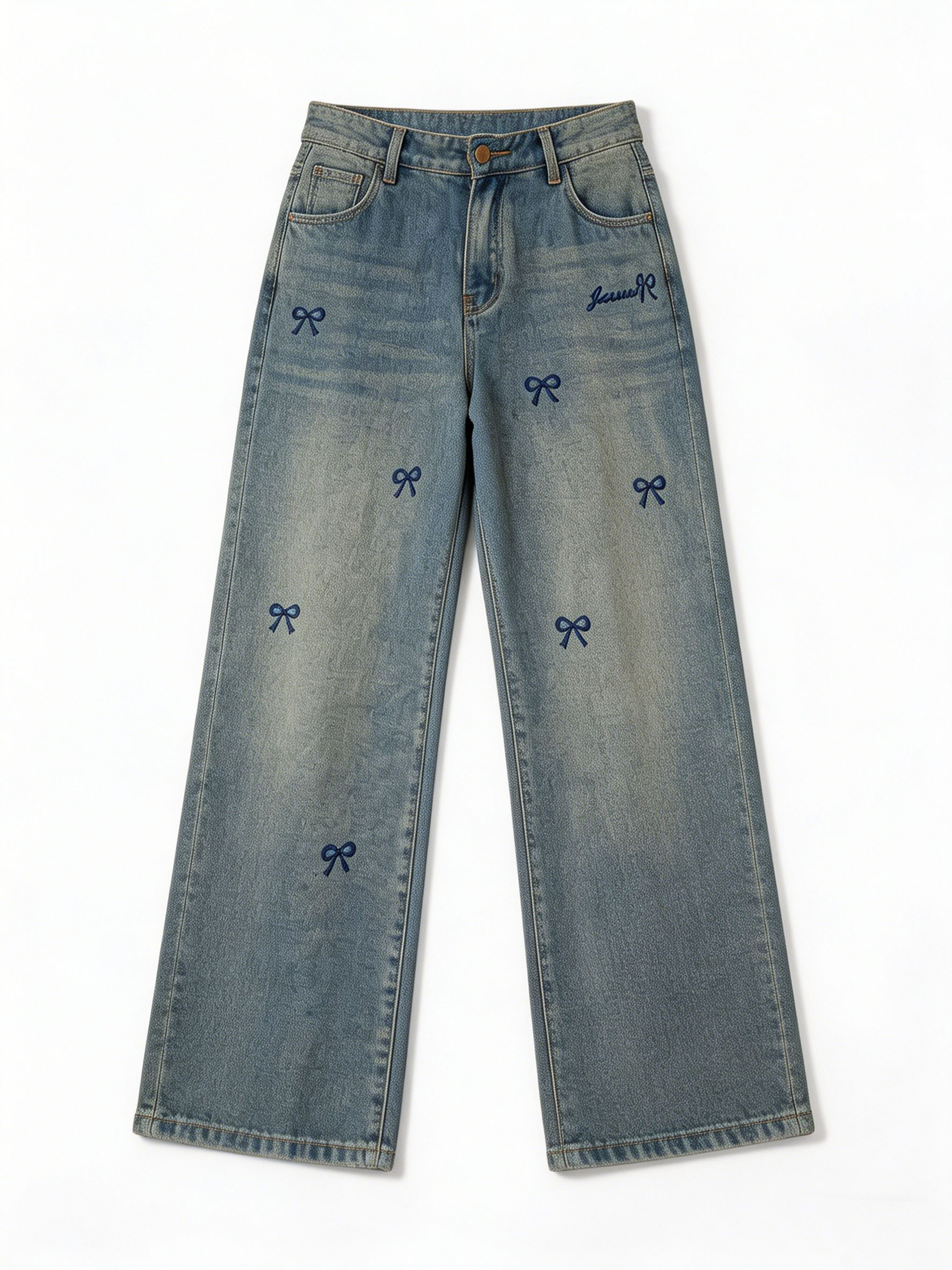 Women's High Waist Bow Detail Wide Leg Denim Pants ZY6037