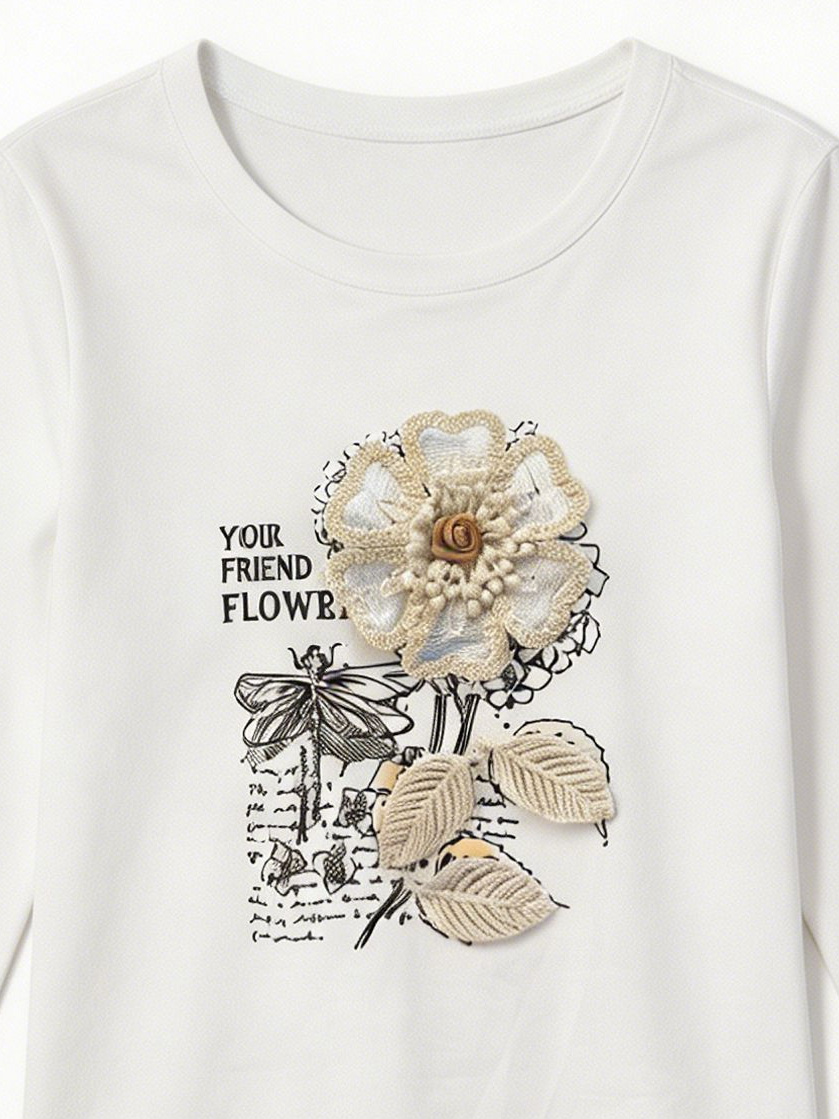 Women’s 3D Crochet Flower Graphic Long Sleeve Tee M-43254-2