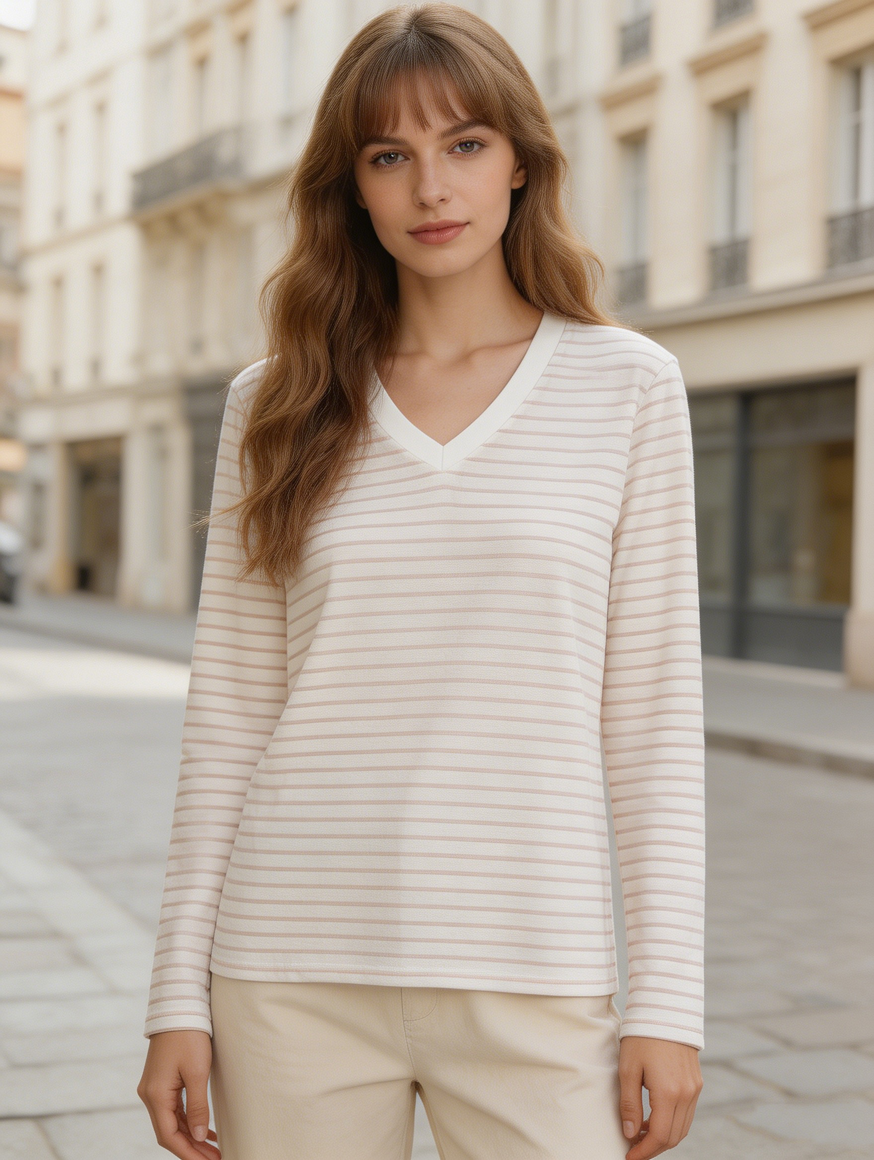 Women's Stripe V-Neck Long Sleeve T-Shirt - Soft Knit Top  AN-710004