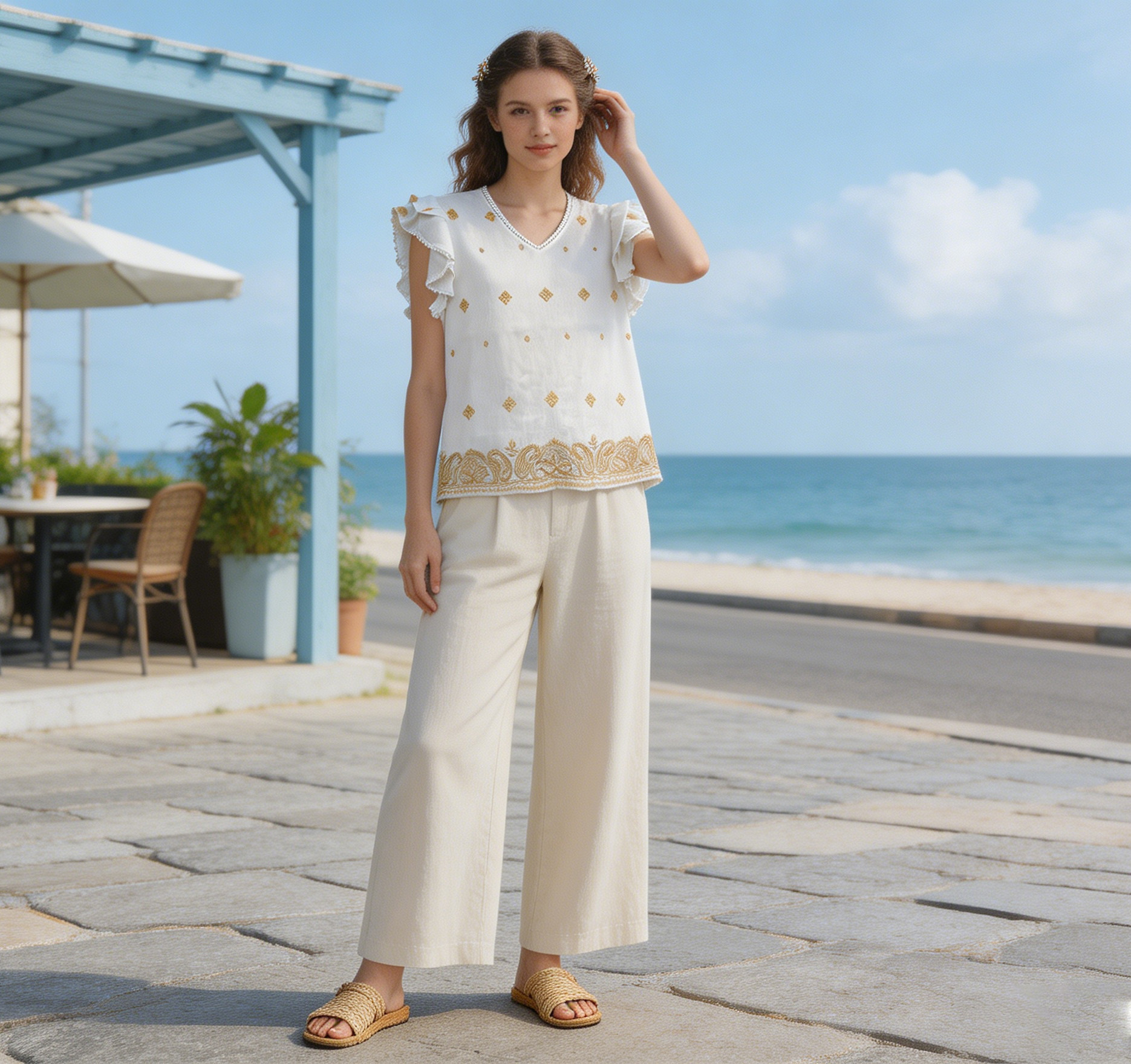 White Gold Paisley Embroidered Ruffle Sleeve Blouse - Boho V-Neck Top AN-710001