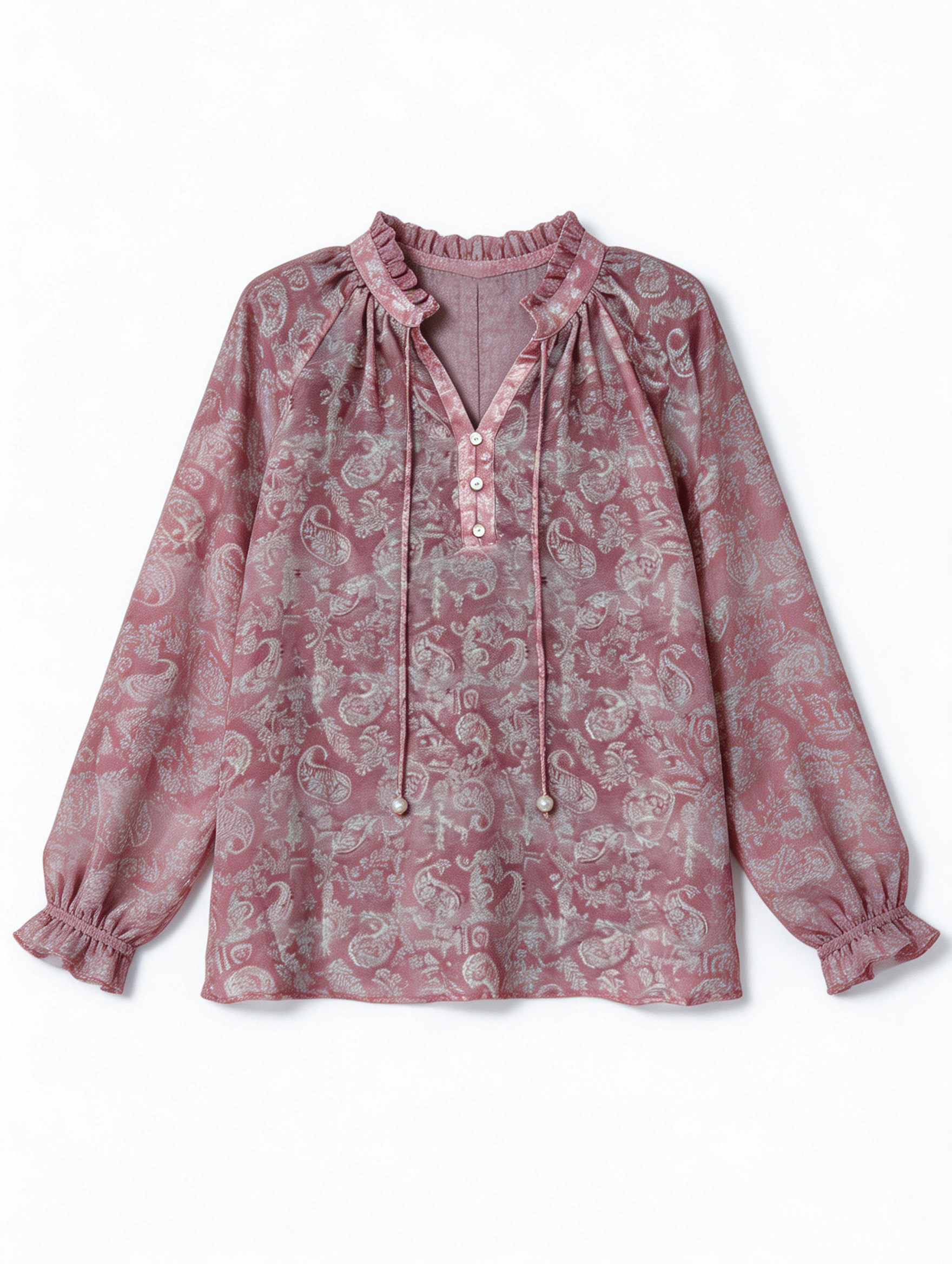 Boho Dusty Pink Paisley Print Shirt - Ruffle Neck Relaxed Fit Blouse N-41540