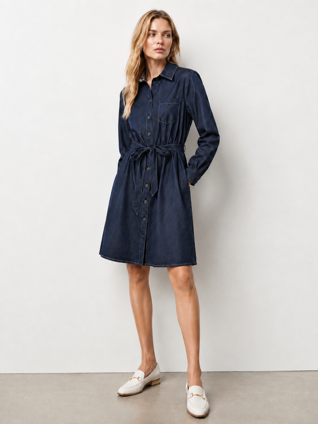 Denim Shirt Dress with Belt - Casual Midi Dress A-43054