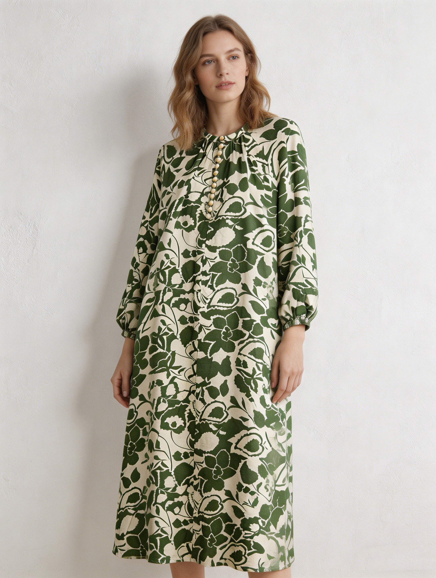 Boho Green Floral Print Dress - Long Sleeve Relaxed Fit Maxi Dress  C-40021