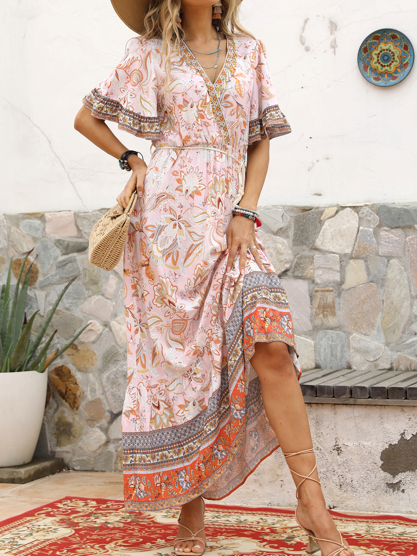 Women’s Boho Border Print Flutter Sleeve Maxi Dress W-32183