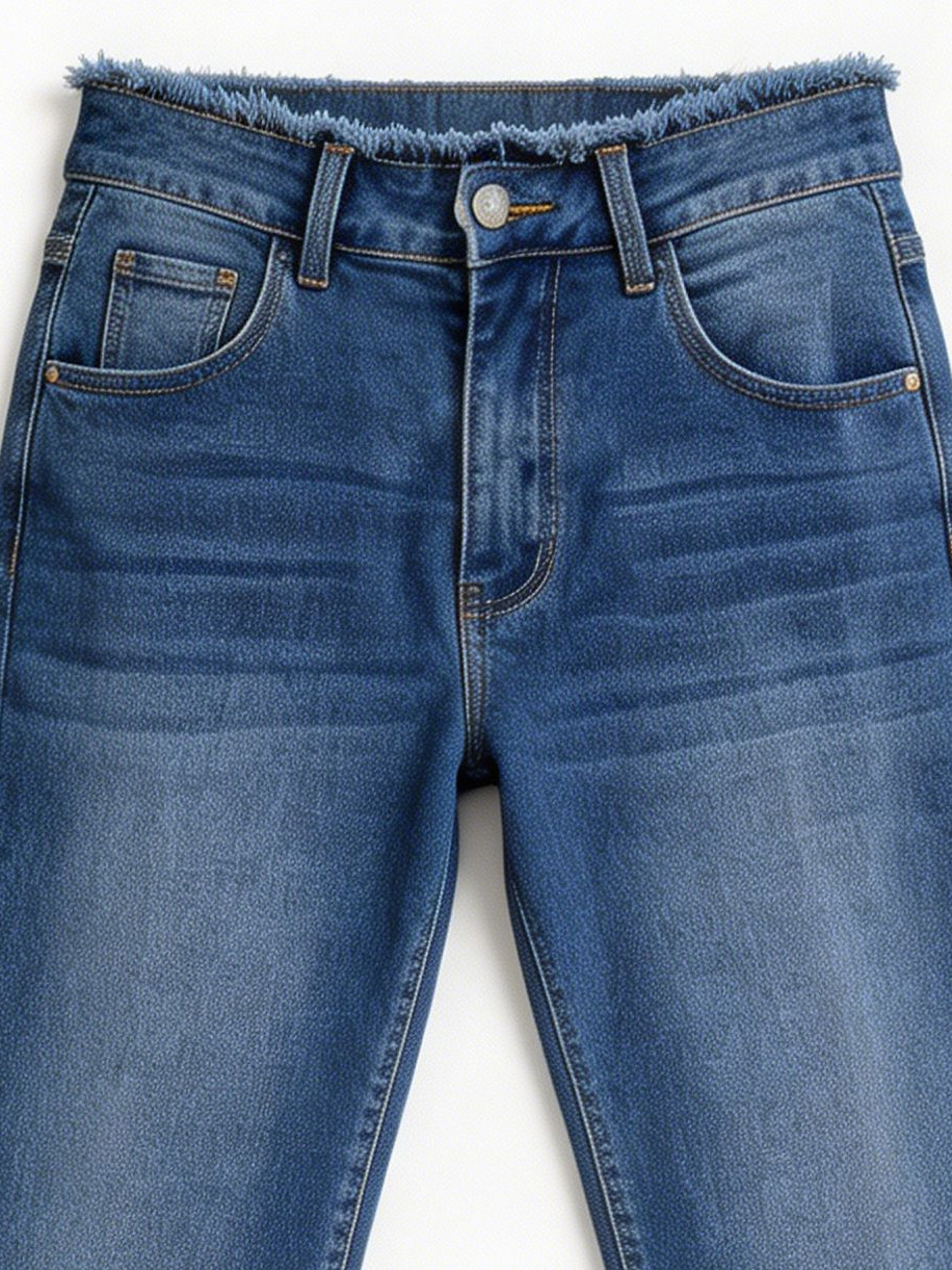 Mid-Wash Ripped Knee Frayed Waist Denim Jeans ZY6050