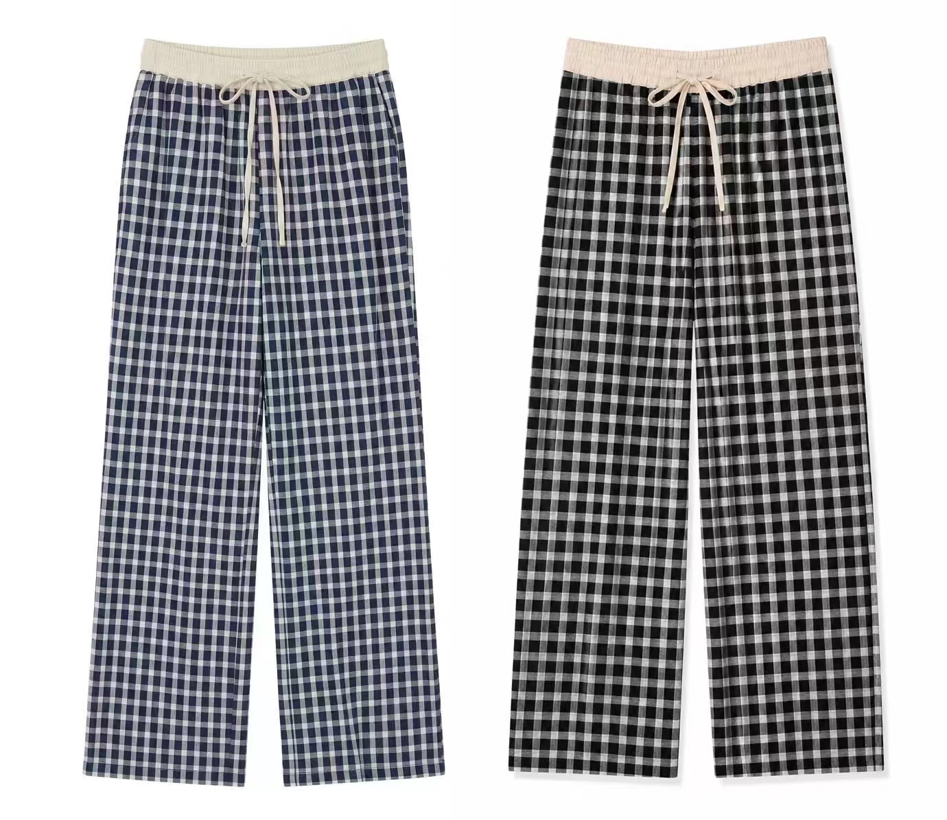 Women's Gingham Wide-Leg Pants with Drawstring Waist AN-620061