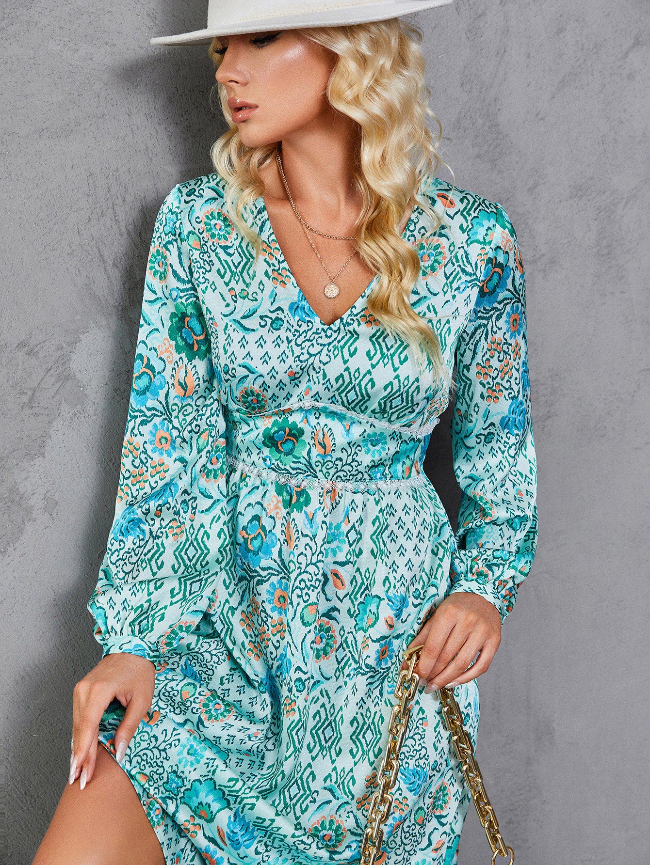 Women’s Boho Floral Print V Neck Lantern Sleeve Maxi Dress M-33082