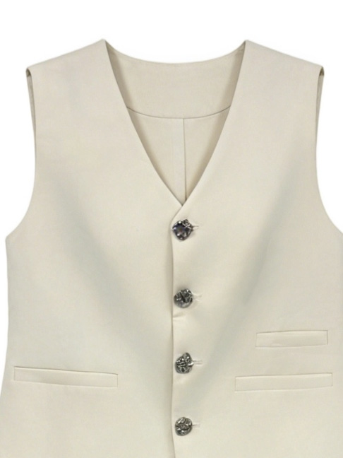 Women's Beige V-Neck Waistcoat & Wide Leg Pants Suit Set  YB-025