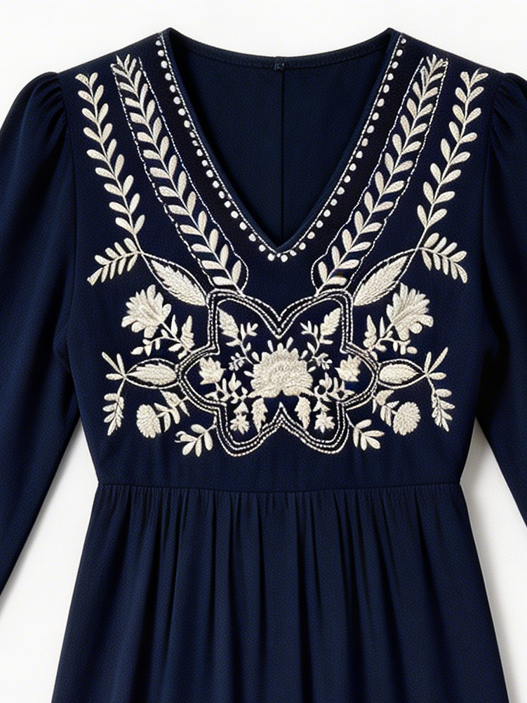 Navy Blue Embroidered Boho Maxi Dress D-34131