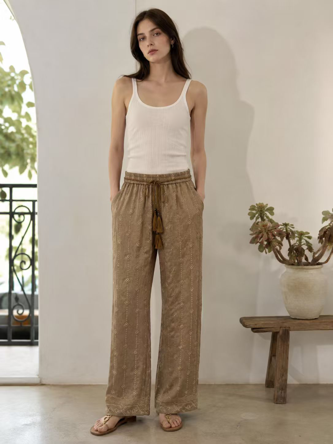 Bohemian Embroidered Pants – Elastic Waist Tassel Resort Bottoms D-41240