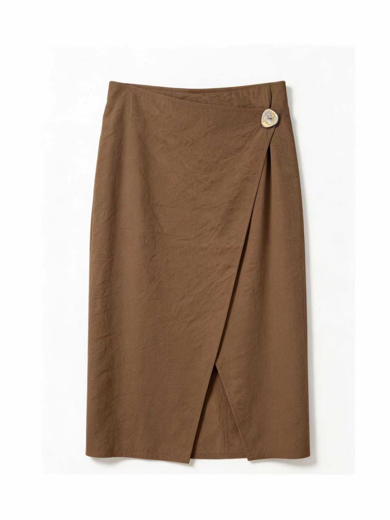 English: Minimalist Linen-Blend Wrap Midi Skirt with Asymmetrical Button AN-620037