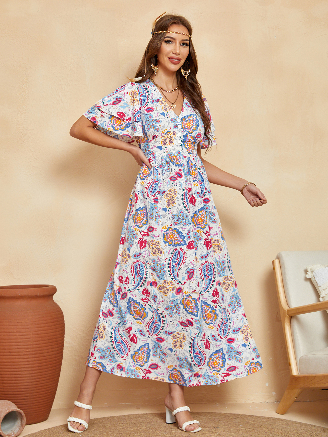 Women’s Boho Paisley Print V-Neck Midi Dress D-34894