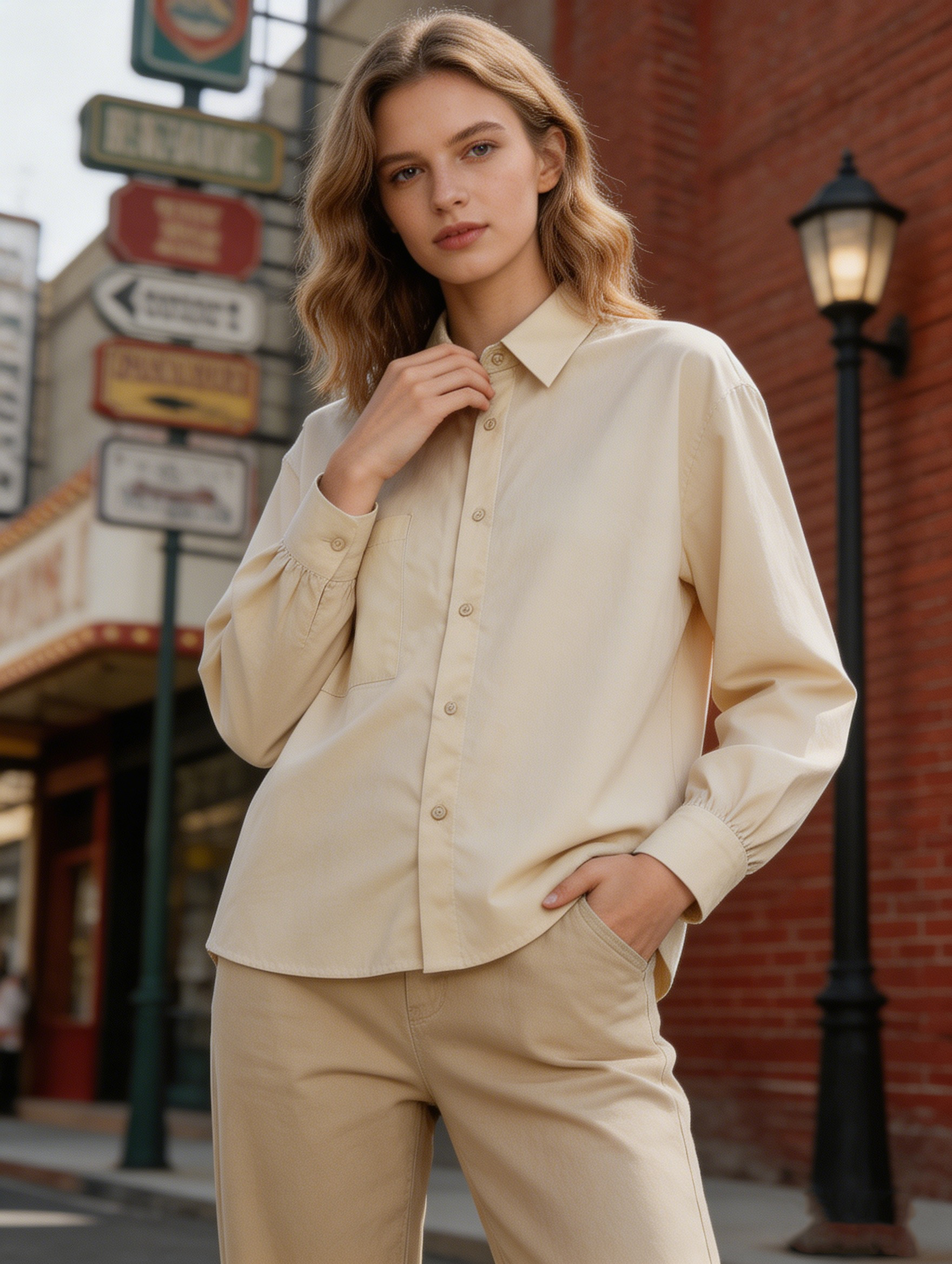 Old Money Style Beige Oversized Shirt - Long Sleeve Casual Top  S-2525