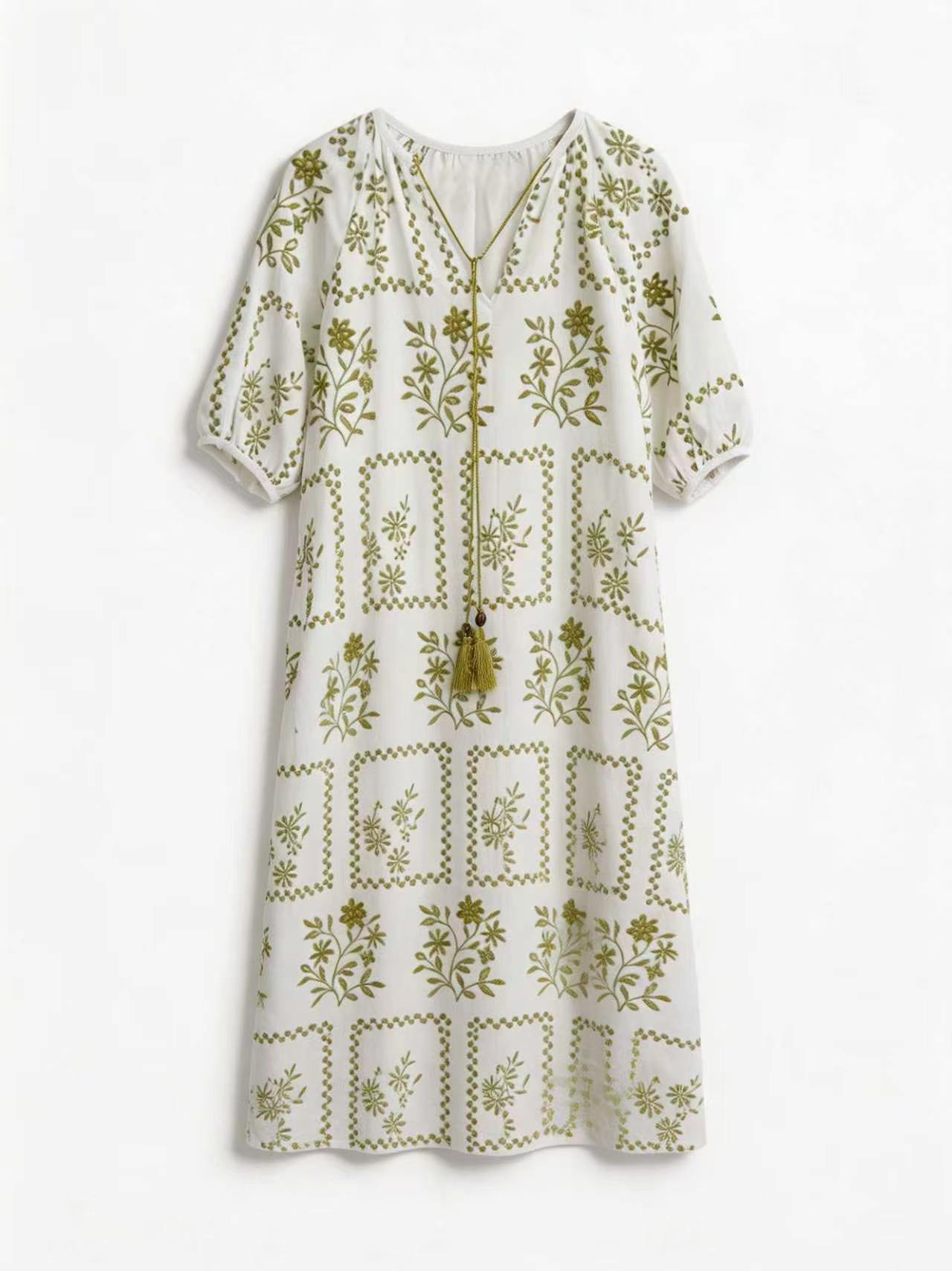 Minimalist Boho Floral Embroidered Maxi Dress with Tassel Neckline AN-750009