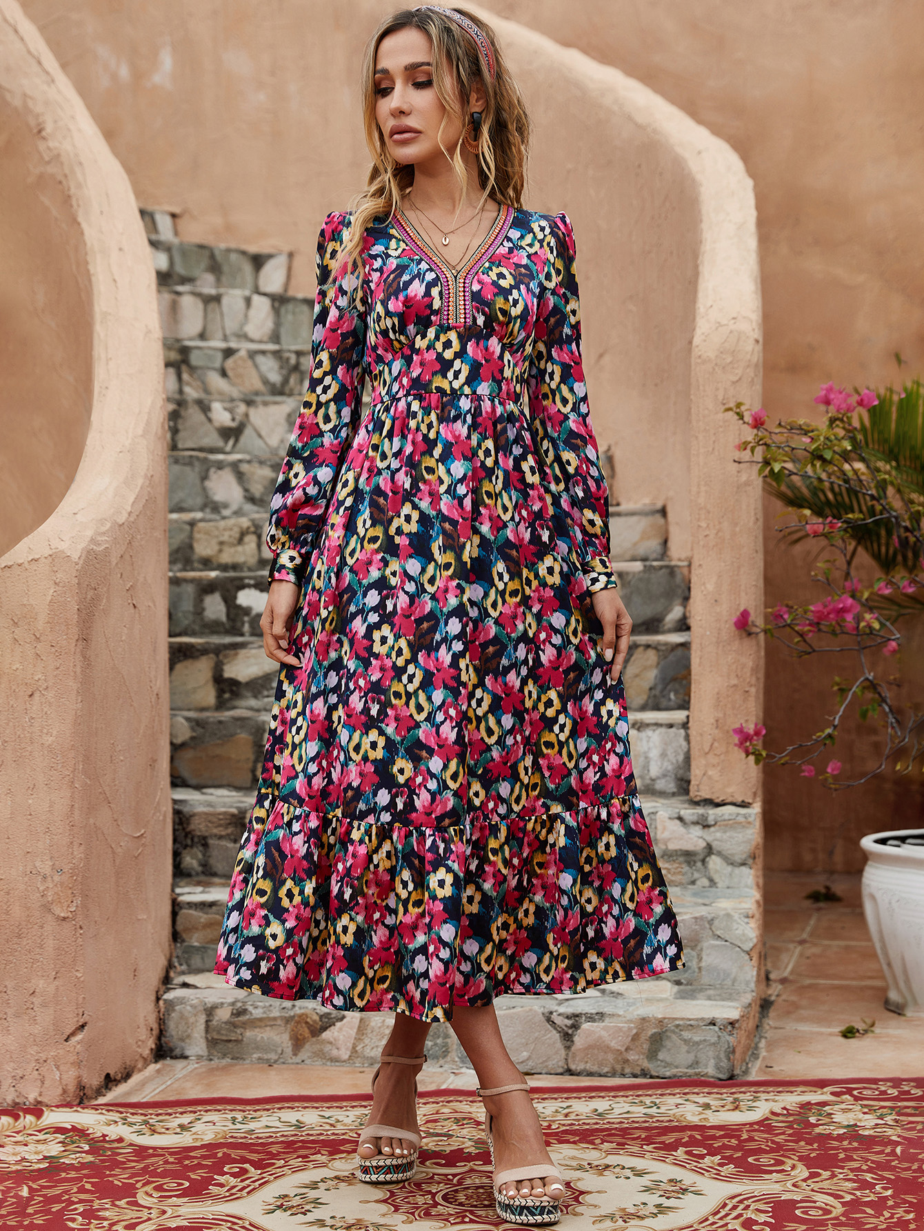 Women’s Colorful Boho Floral Midi Dress – Long Sleeve V-Neck Tiered Hem D-34092