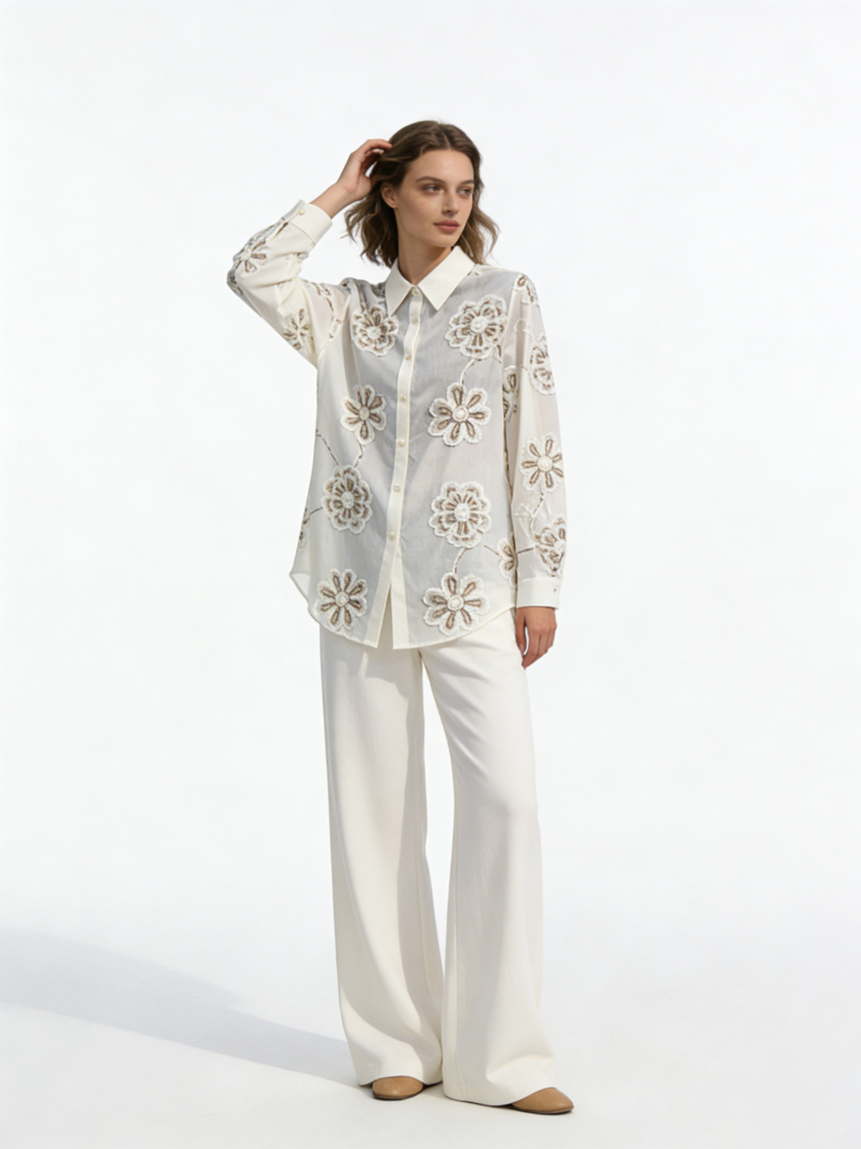 Women’s Sheer Floral Embroidered Button Down Blouse D-41983