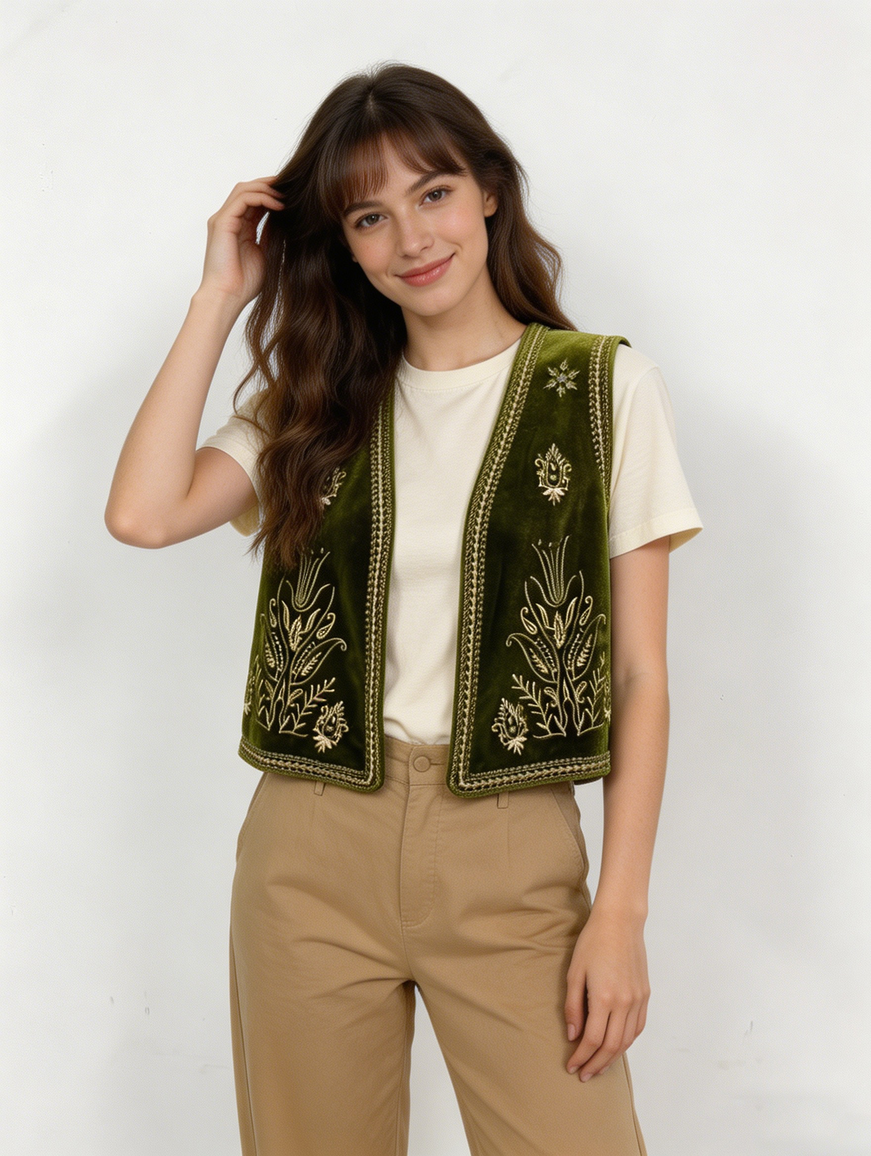 Artisan Embroidered Olive Velvet Boho Vest AN-980010