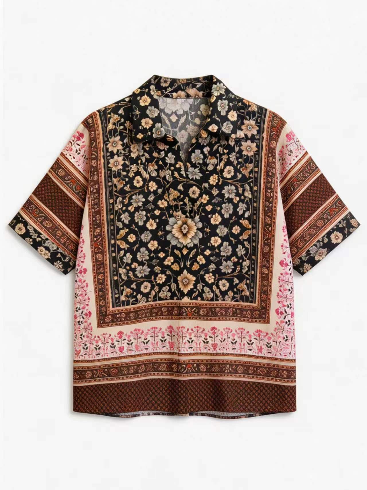 Boho Scarf Print V-Neck Camp Collar Relaxed Shirt AN-620049
