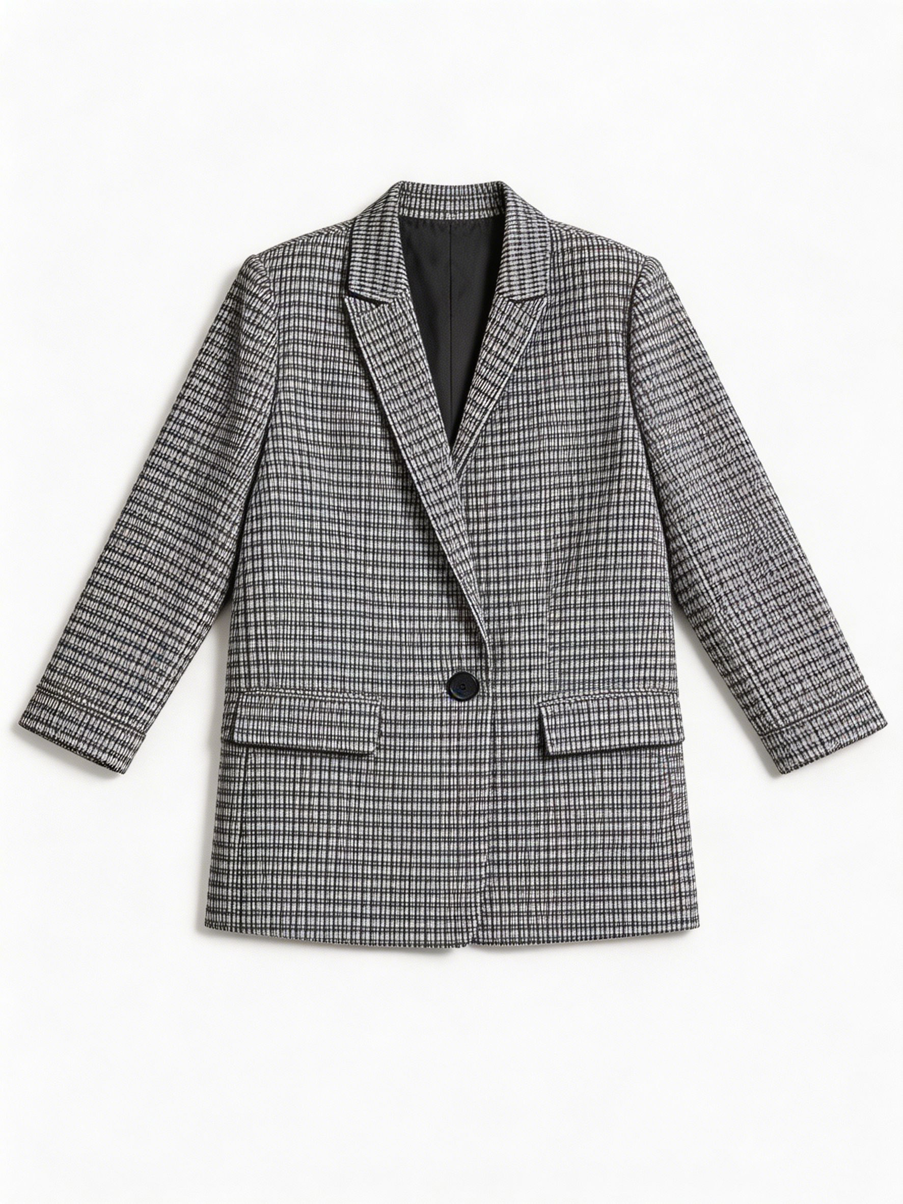 Navy White Plaid Single-Breasted Blazer - Casual Outerwear M-42875