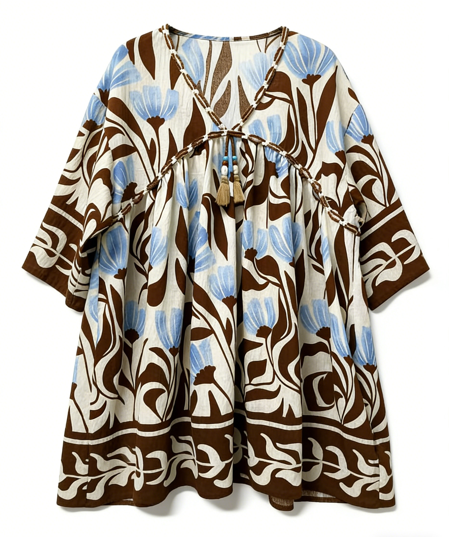 Women Boho Floral Tassel Tunic Blouse Resort Wear C-42531