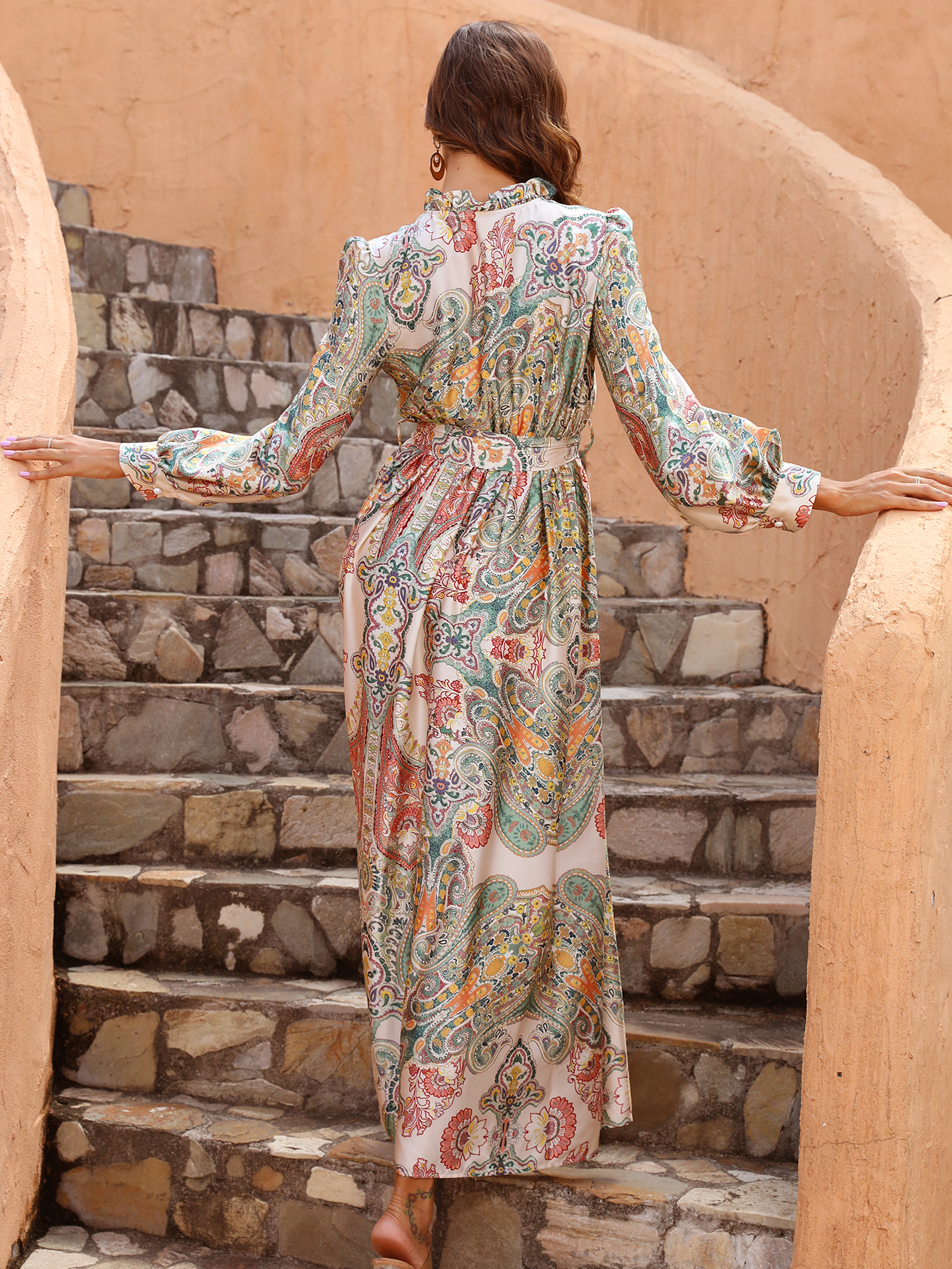 Women’s Paisley Print Boho Tie Waist Maxi Dress M-33856