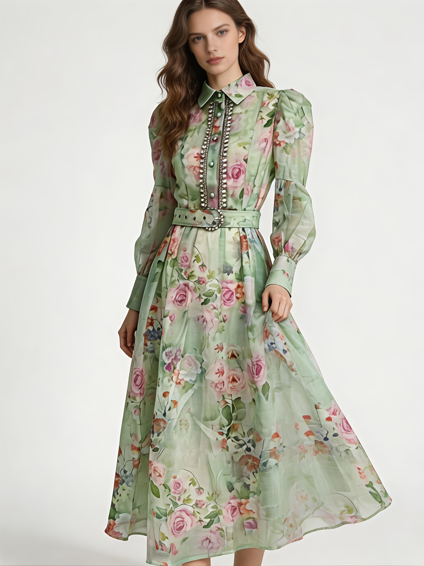 Green Floral Print Rhinestone Trim Midi Dress - Elegant Party Dress 5362