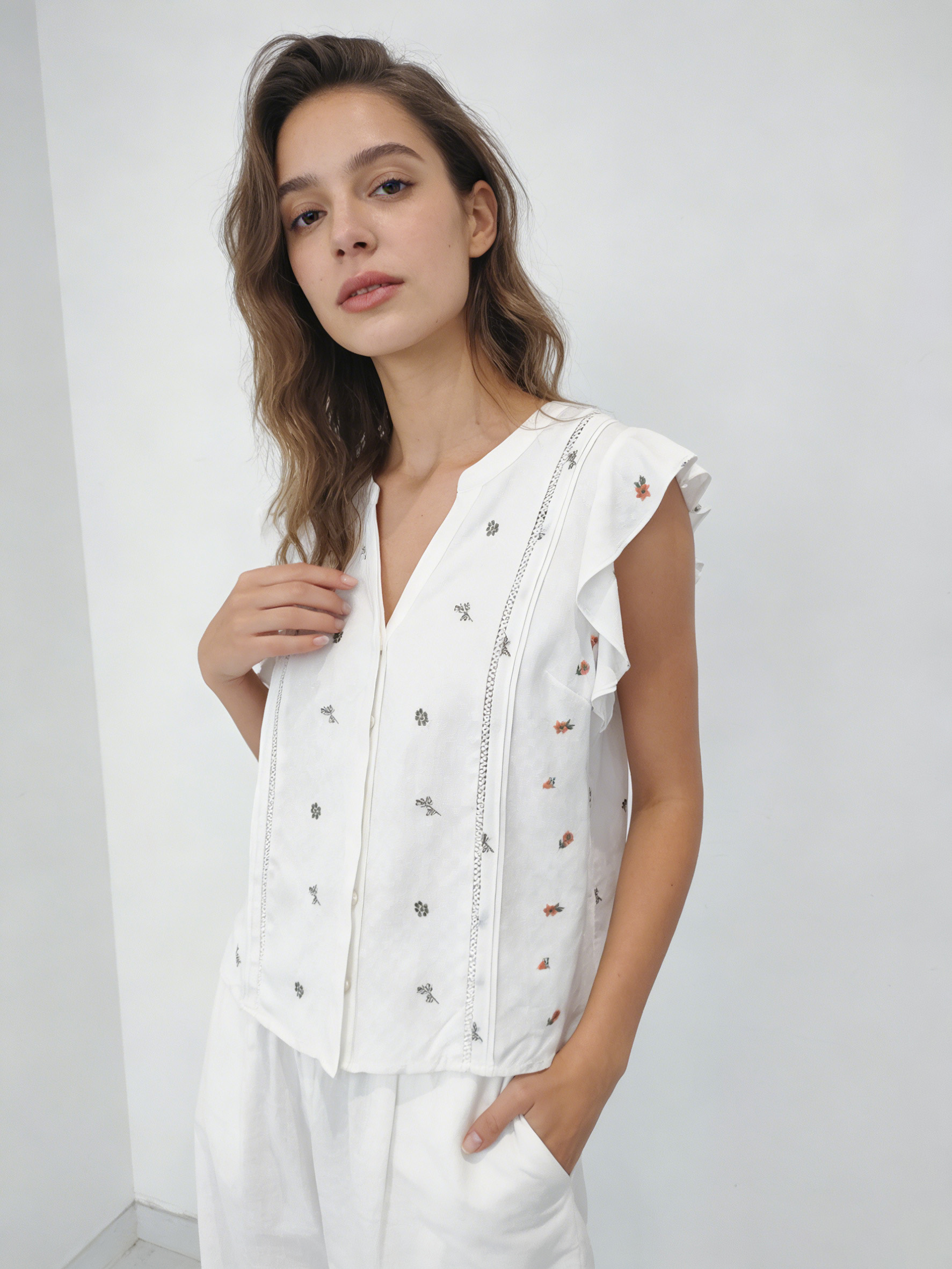 Boho Chic V-Neck Cap Sleeve Floral Embroidery Women Blouse A42166