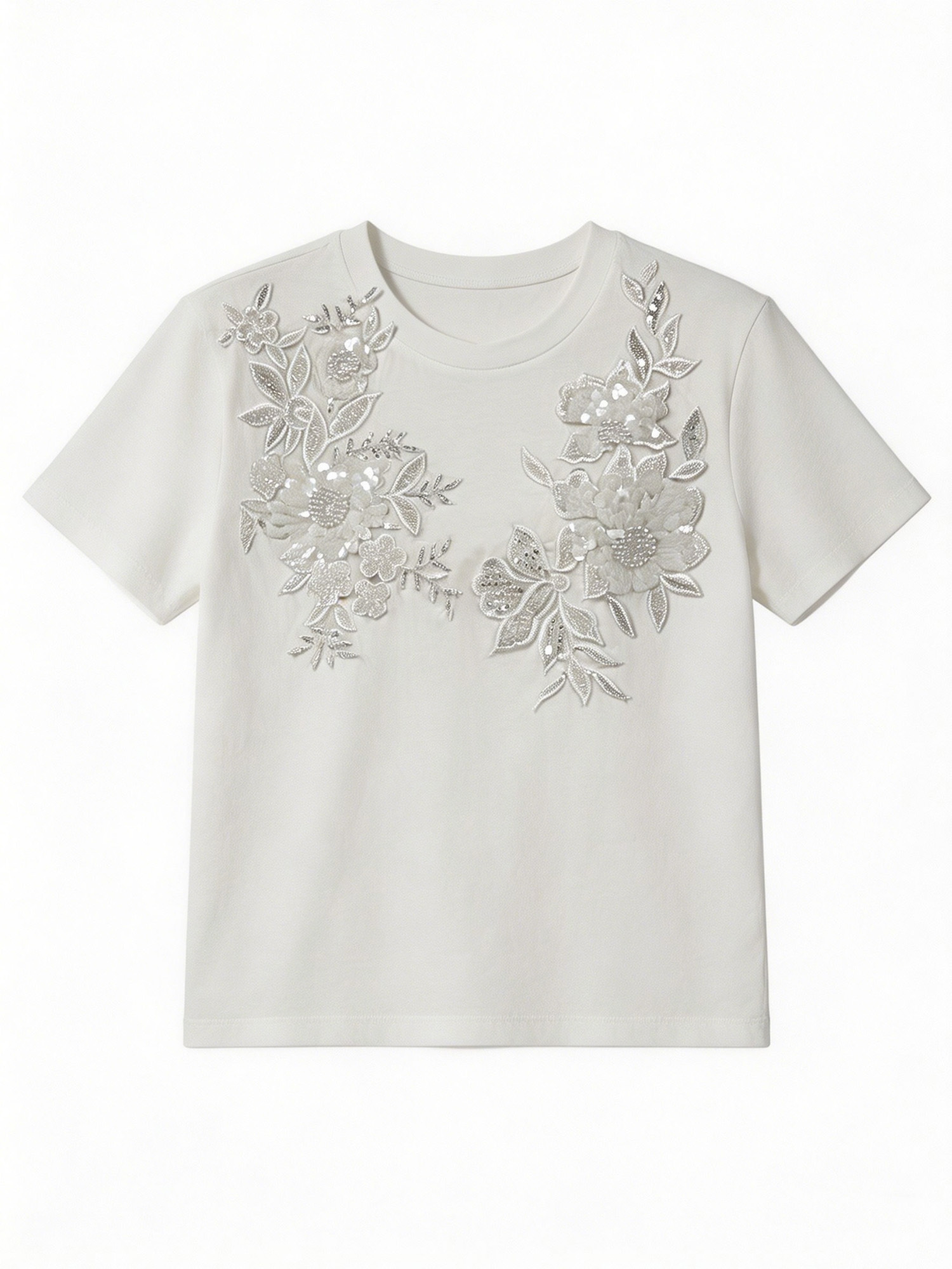 Boho Sequin Embroidered White Tee Casual Summer Top for Women M-38604