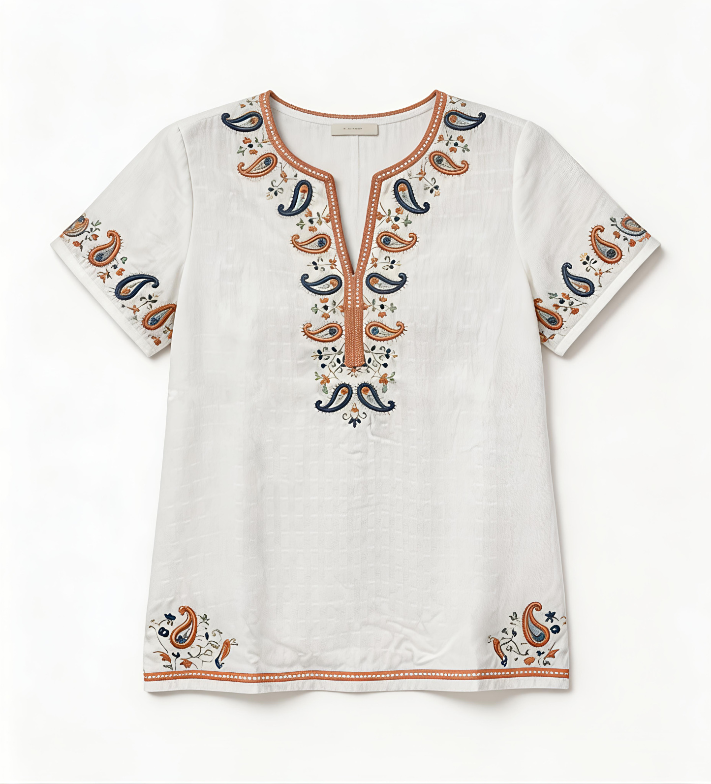 White Paisley Embroidered V-Neck Short Sleeve Top - Boho Ethnic Blouse AN-650010