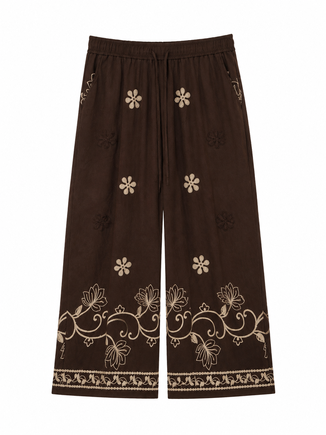 Women Dark‑Brown Boho Floral‑Embroidered Wide‑Leg Pants W-43457