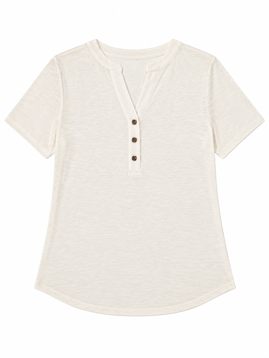Women Cream Slub Knit Henley Neck Short Sleeve Top M-42160