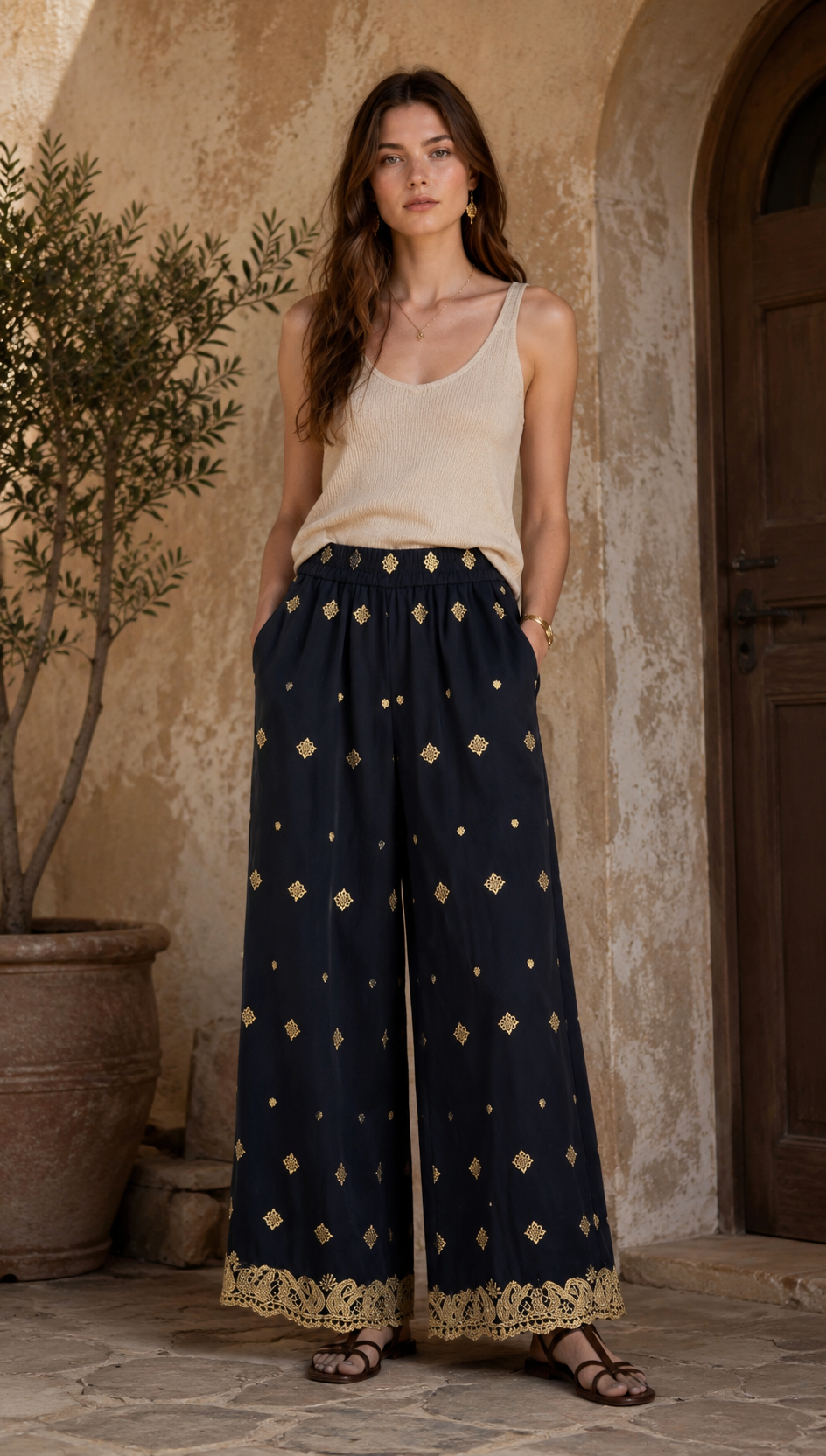 Minimalist High-Waisted Embroidered Wide-Leg Trousers AN-710002