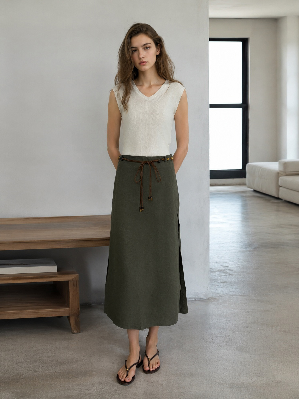 Linen-Blend A-Line Skirt with Beaded Belt AN-620050