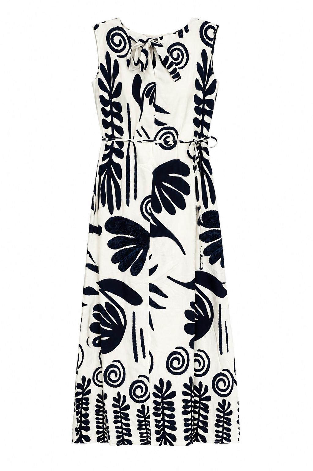 Women’s Boho Tropical Leaf Print Sleeveless Maxi Dress with Pom Pom Trim 2550
