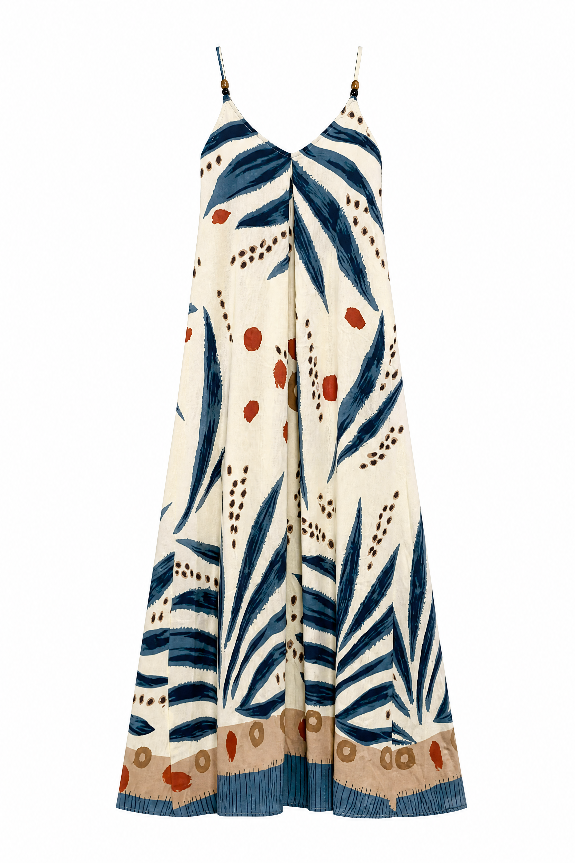 Women’s Tropical Leaf Print Halter Maxi Dress with Pom Pom Trim 2882-2
