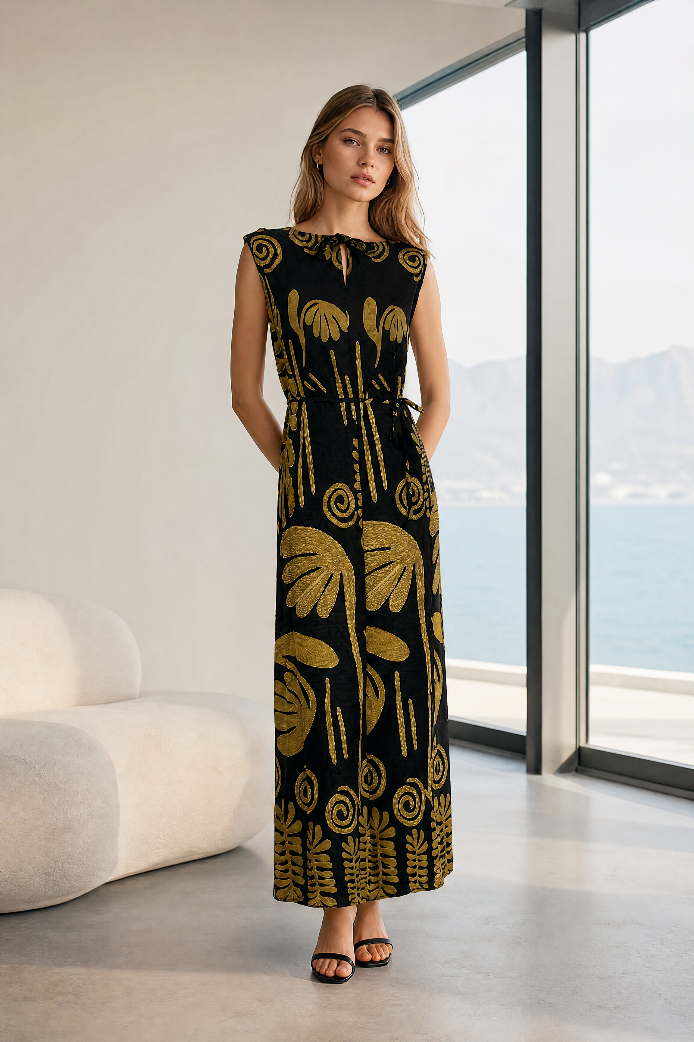 Women’s Black Floral Print Sleeveless Maxi Dress with Belted Waist