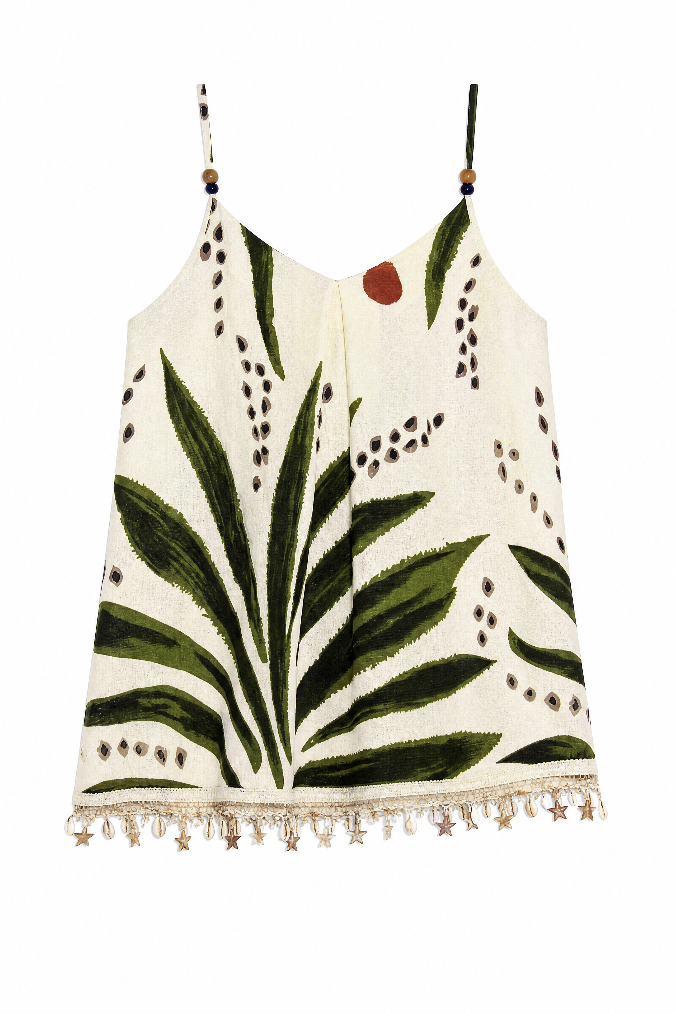 Women’s Tropical Leaf Print Spaghetti Strap Cami Top with Pom Pom Trim 2882-3