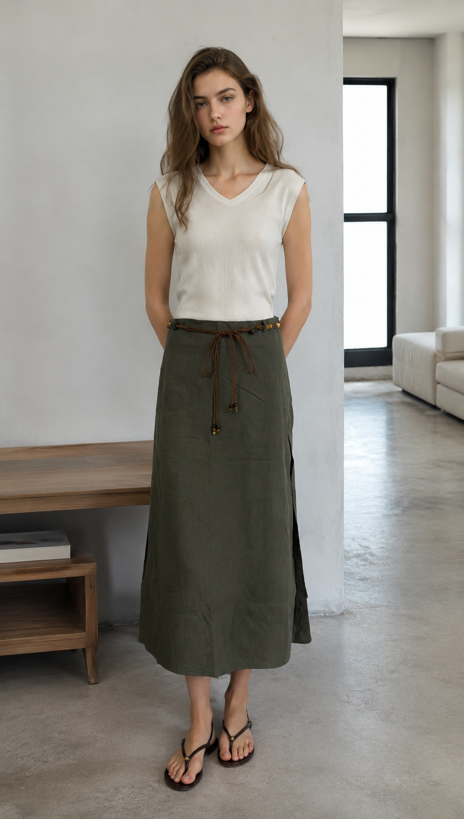 Linen-Blend A-Line Skirt with Beaded Belt AN-620050