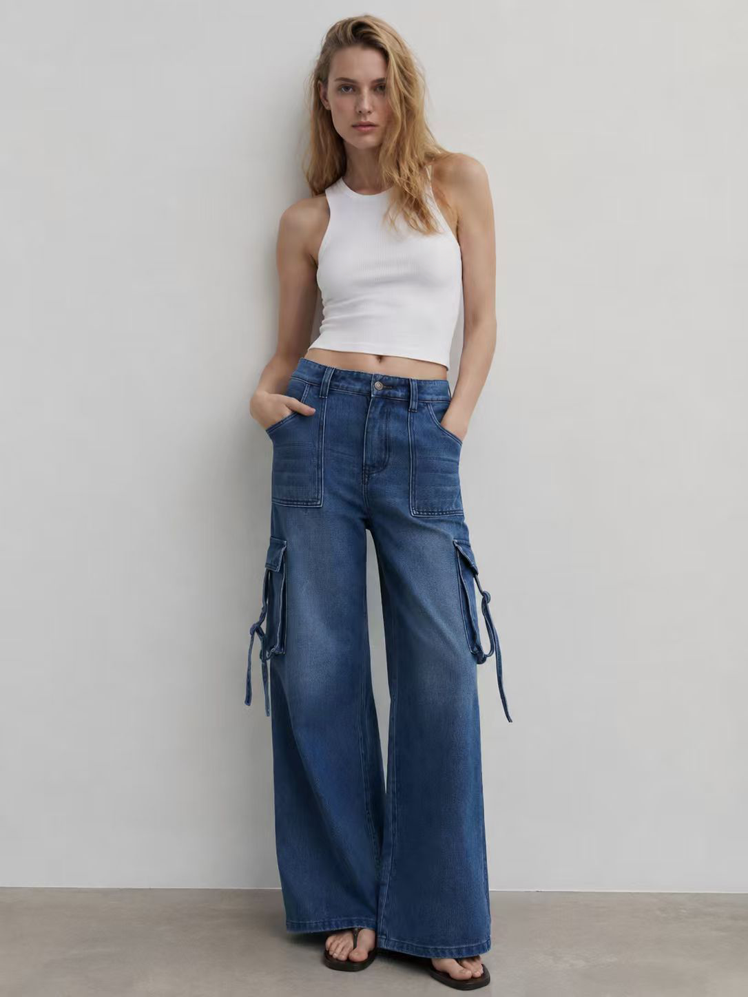 Mid Wash High Waisted Wide Leg Cargo Jeans with Side Pockets ZY6039