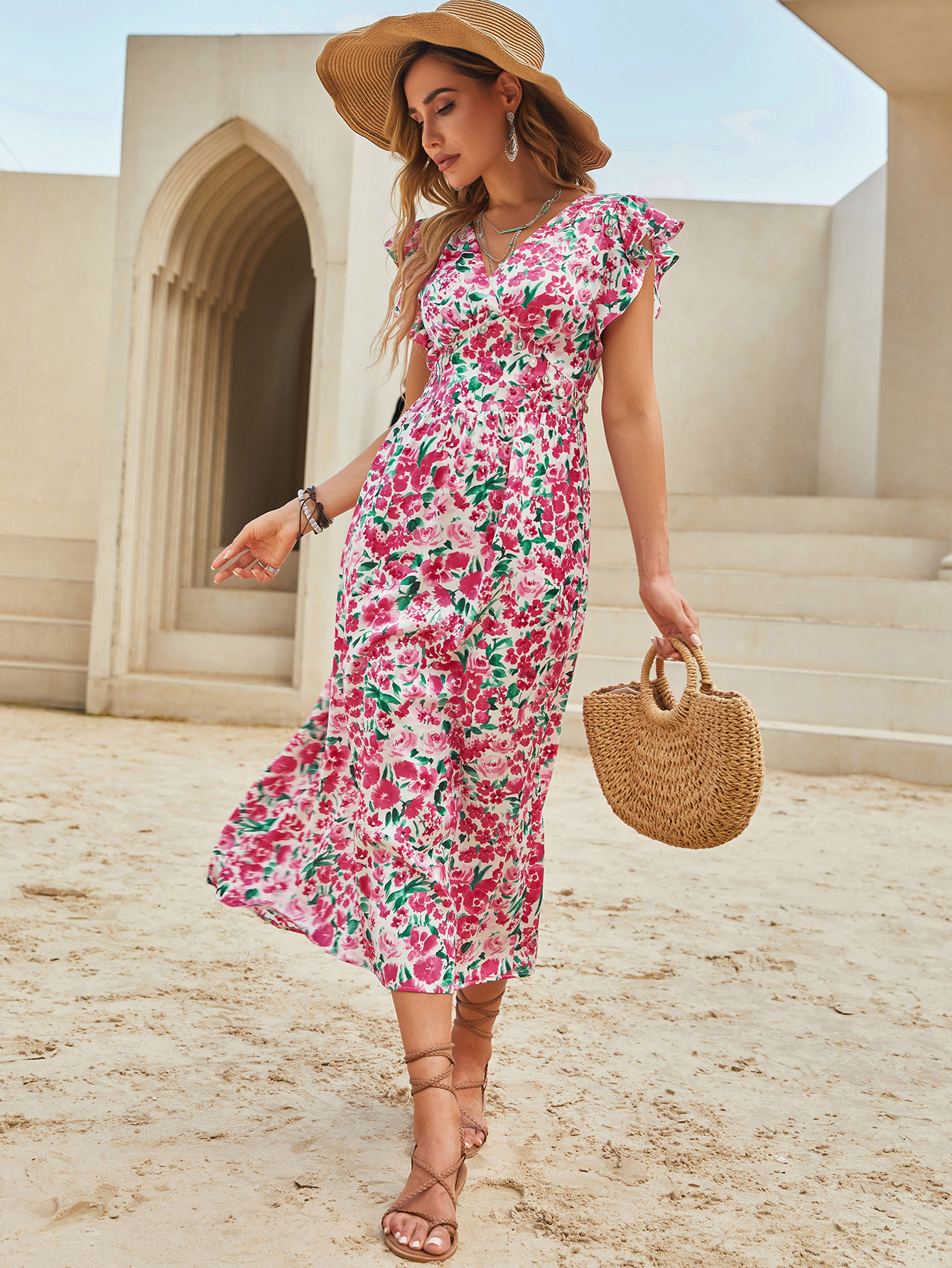 Women’s Pink Floral V-Neck Ruffle Sleeve Midi Dress W-32820