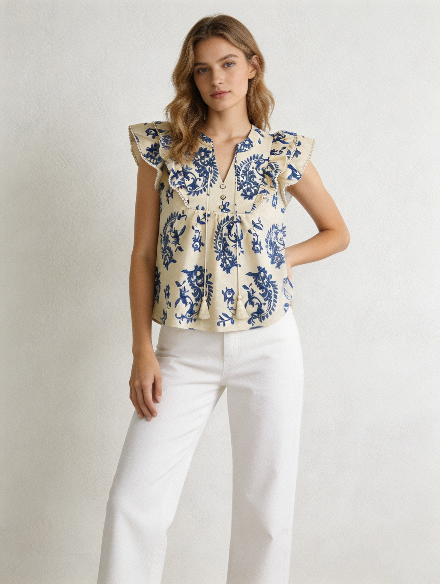 Elegant Beige Paisley Print Flutter Sleeve Top - Tassel Tie Neck Blouse  D-41893