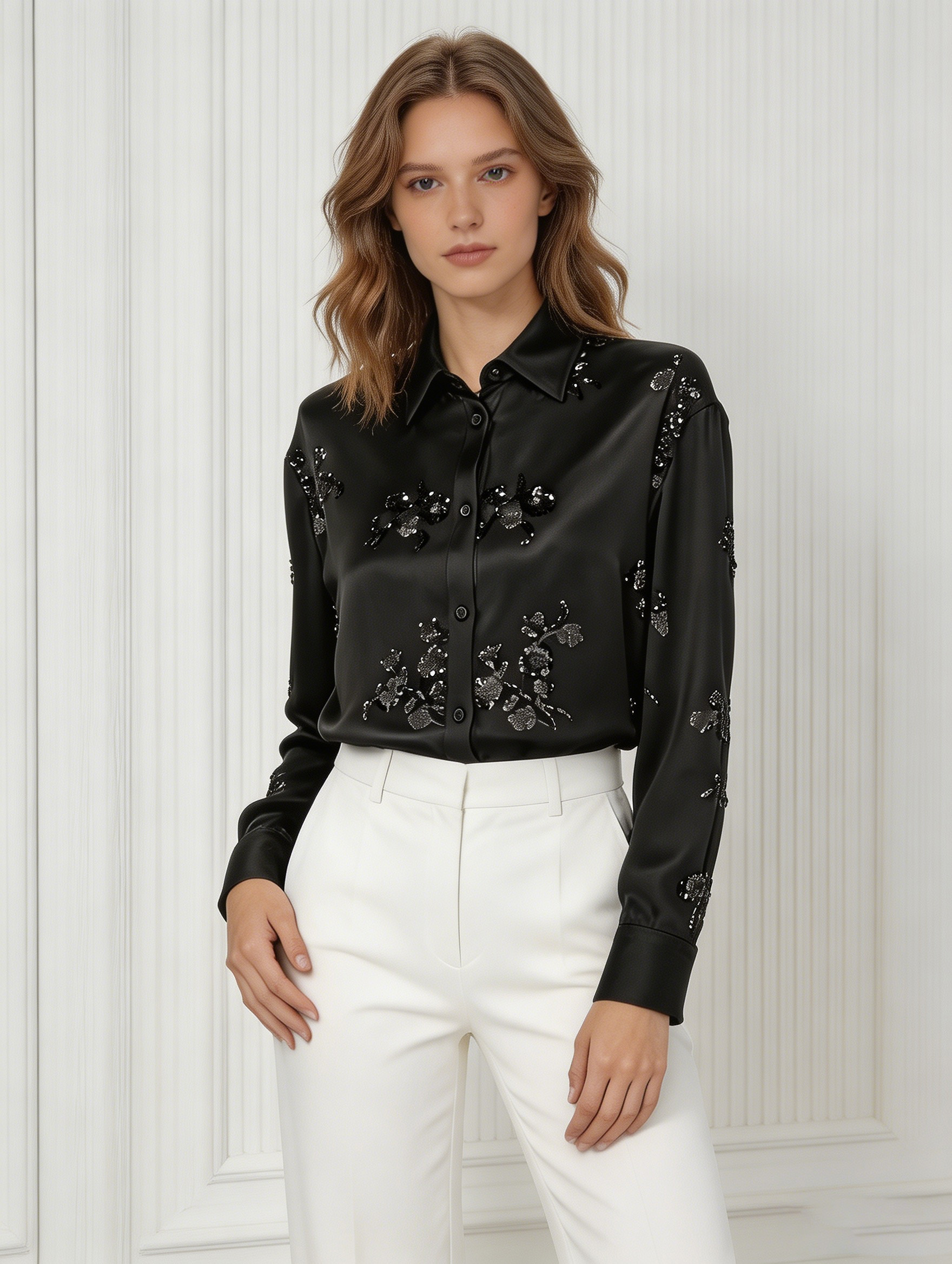 Black Sequin Floral Satin Blouse W-34363