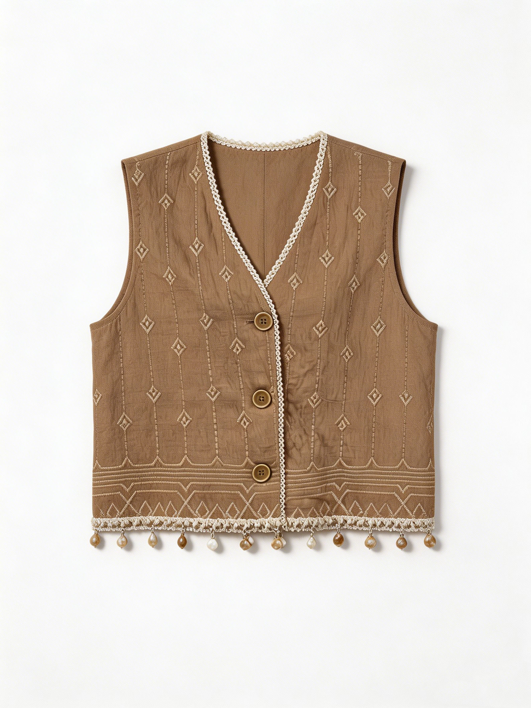 Women’s Boho Embroidered Button Vest – Tassel Detail Summer Top AN-760001