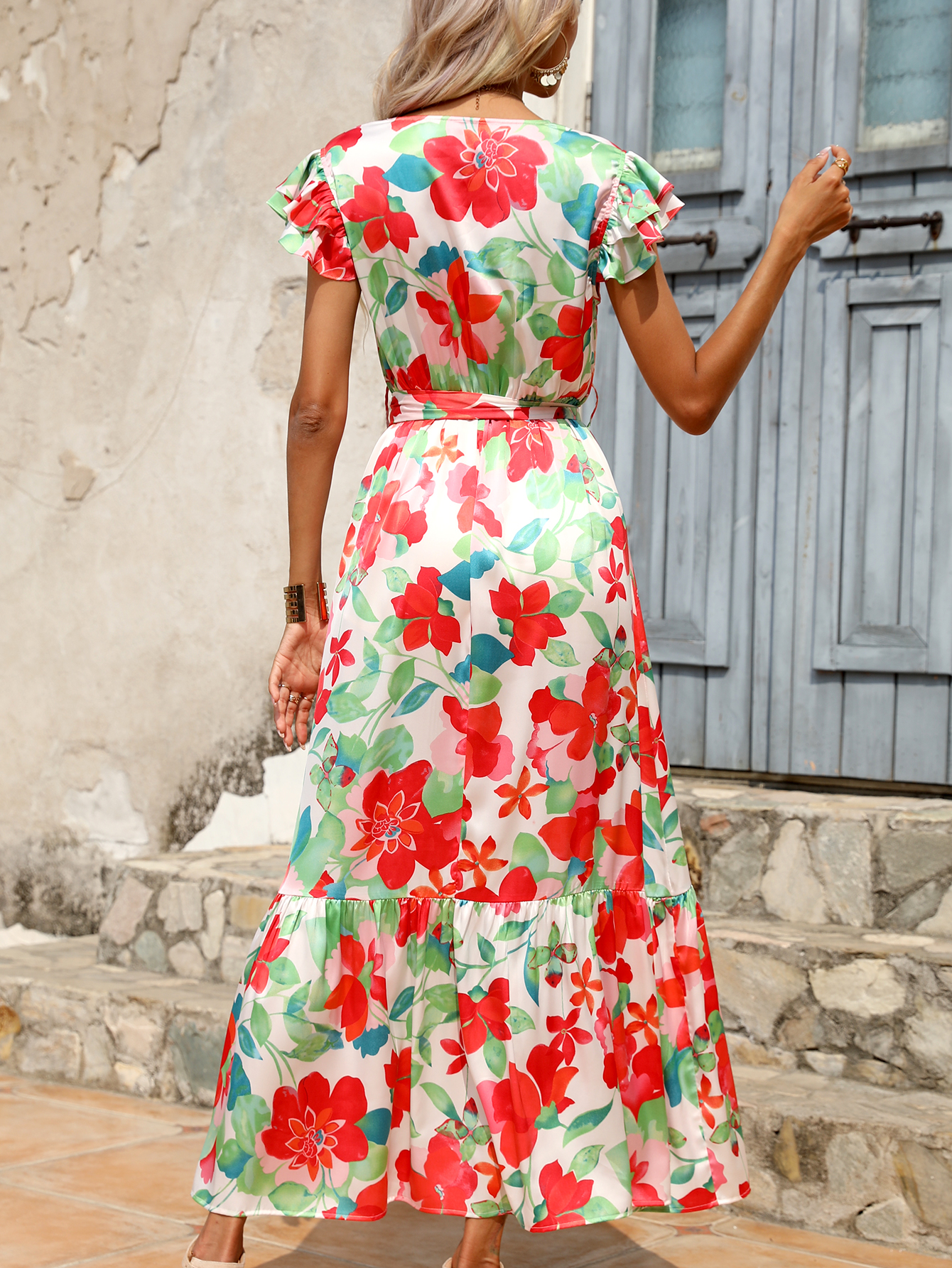 Women’s Tropical Floral Tie Waist Ruffle Sleeve Midi Dress D-34764
