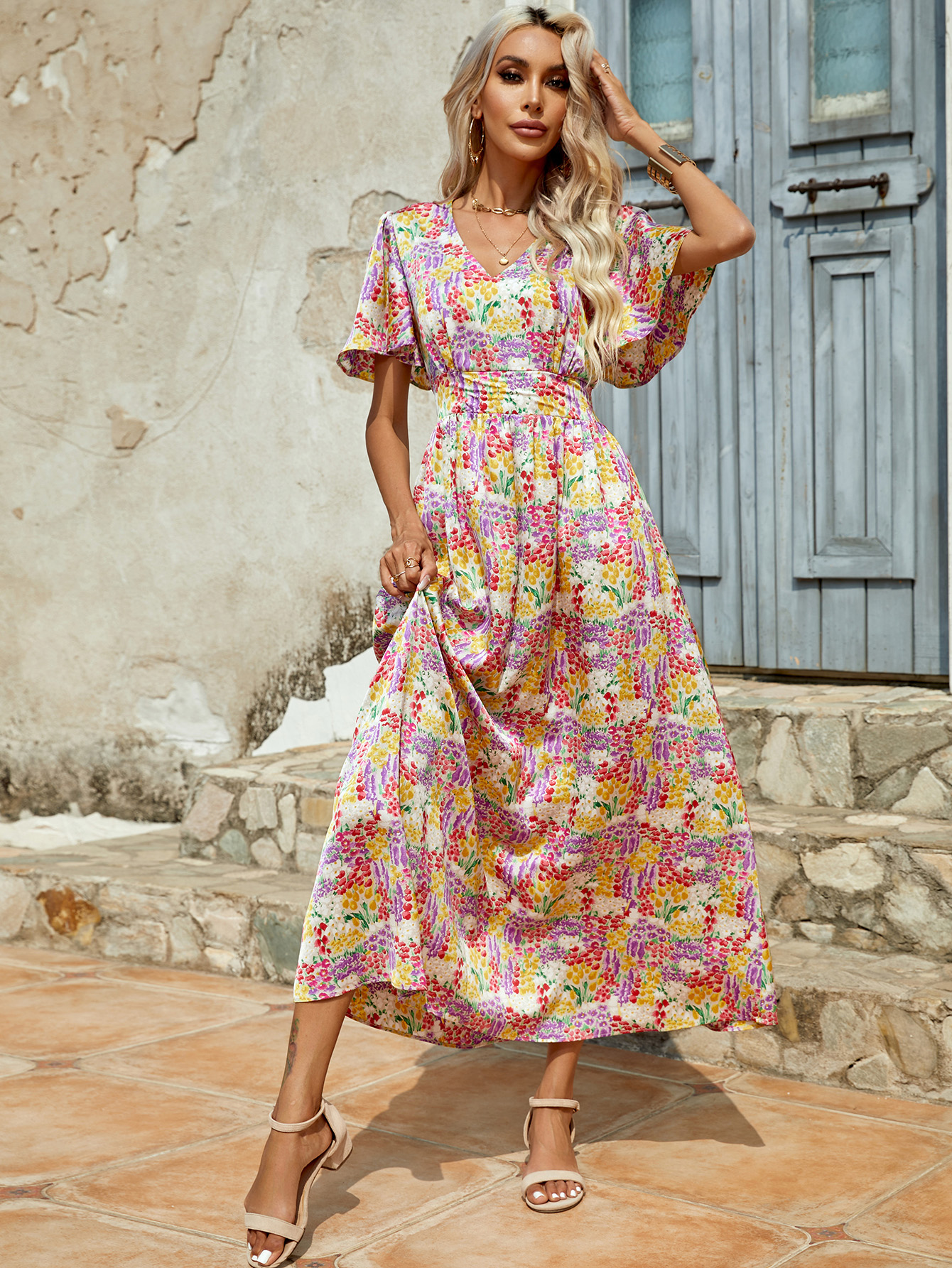 Women’s Boho Floral V-Neck Flowy Maxi Dress D-34642