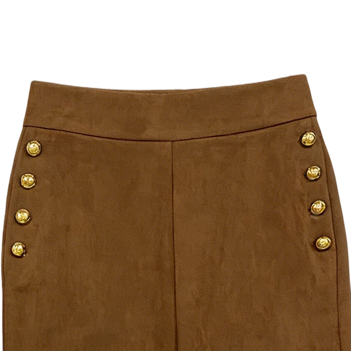 Smart Casual Tan Suede Outfit Set - Sleeveless Vest & Flare Trousers  W41352，W-41486+W-41487