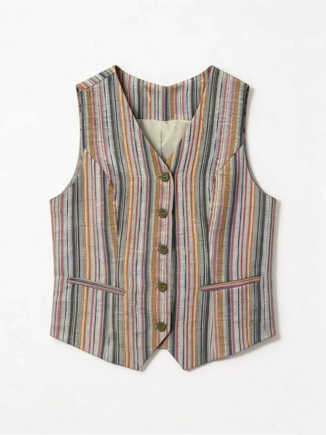 Minimalist Linen Striped V-Neck Layering Vest AN-710023