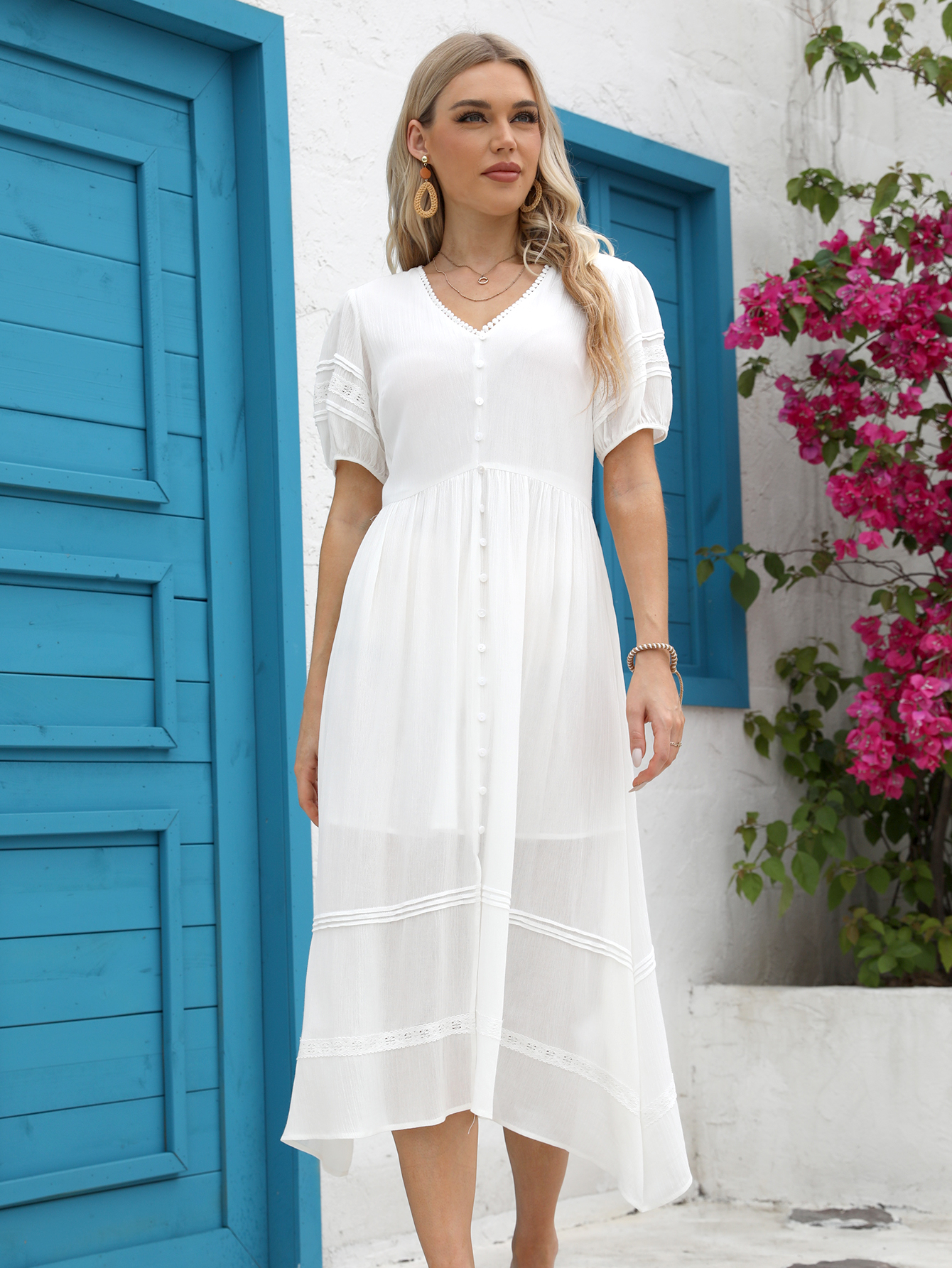 Women’s White Boho Button Down Resort Midi Dress D-35438